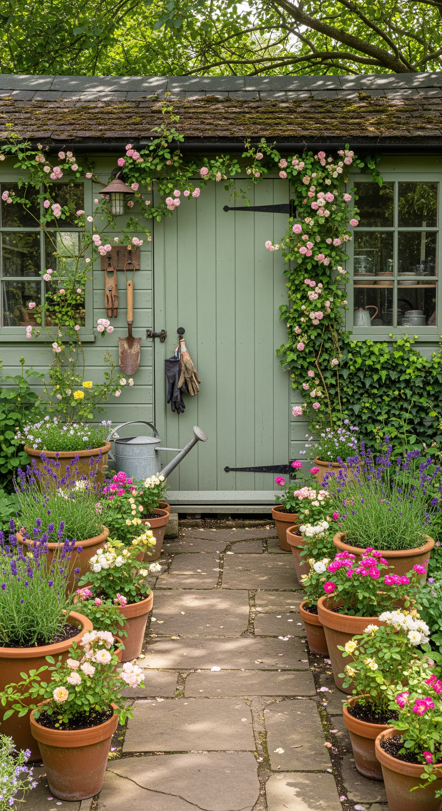 Grünes Gartenhaus mit pinken Kletterrosen und Terrakotta-Töpfen voller Blumen