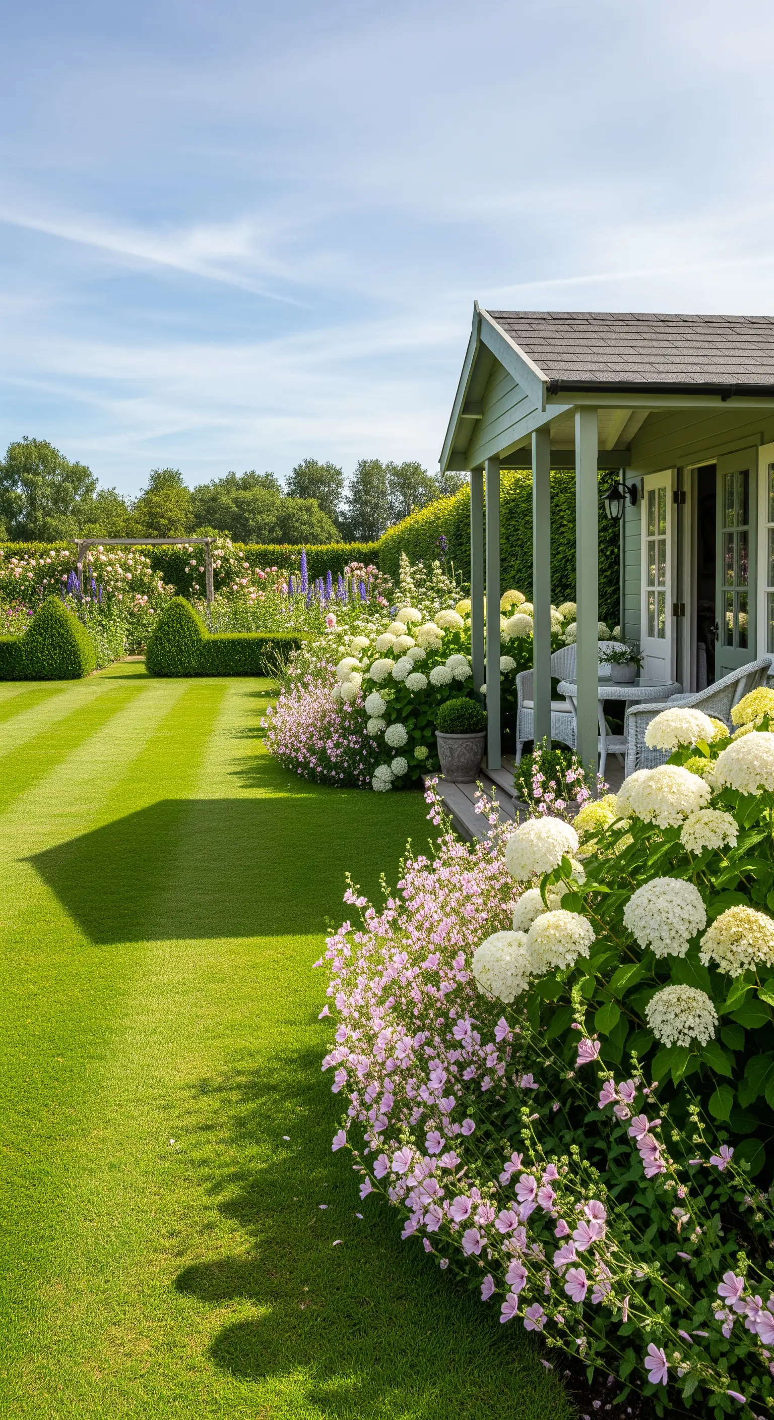 Gartenhaus umgeben von weißen und rosa Hortensien in einem gepflegten Garten