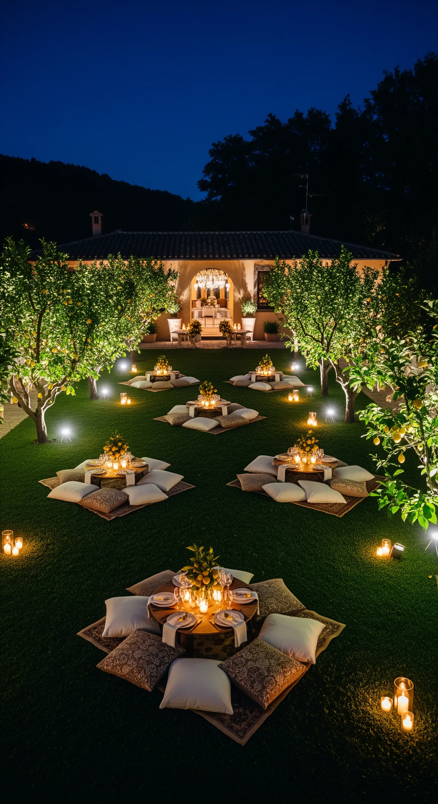 Gartenlounge mit Bodenkissen, niedrigen Tischen, Zitronen und Kerzenlicht auf dem Rasen