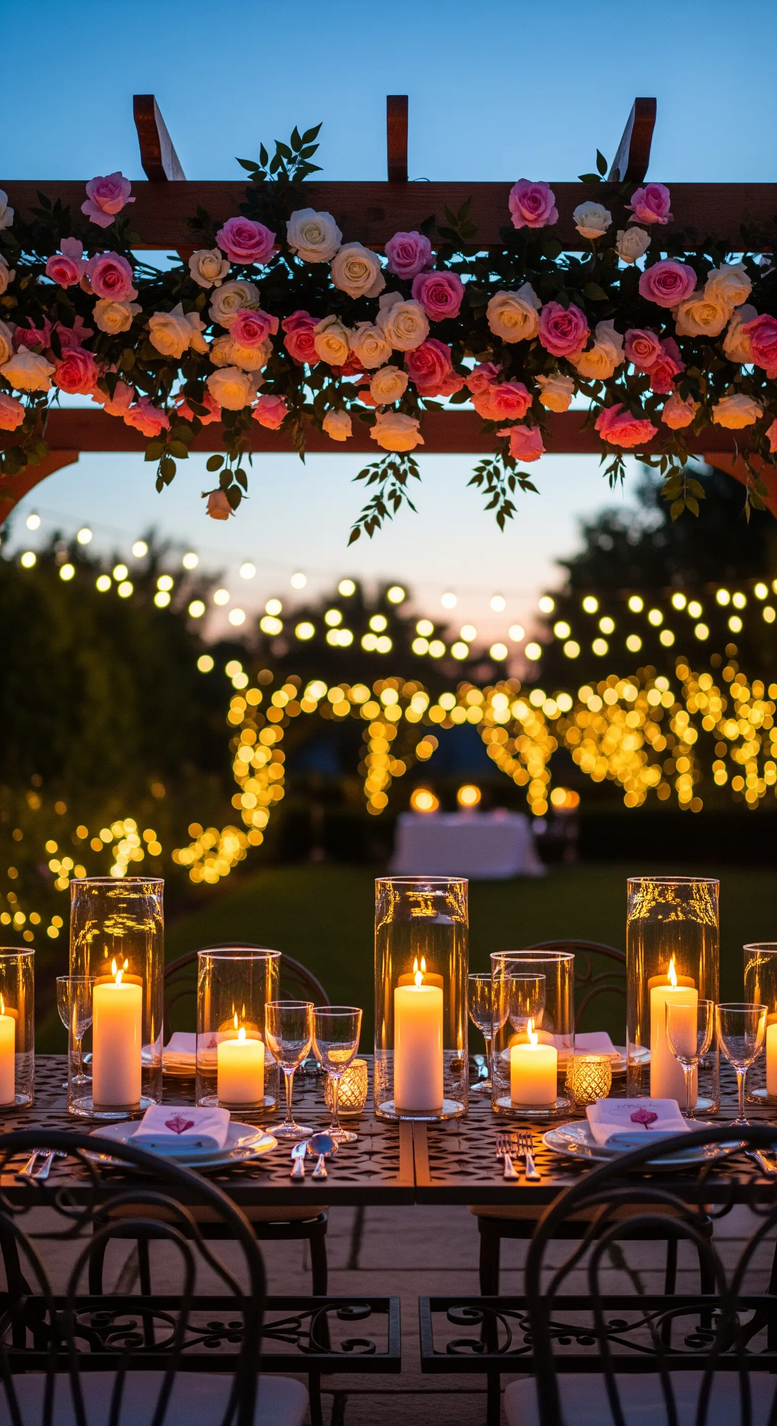 Romantischer Esstisch im Freien unter einer blühenden Rosenpergola mit Lichterketten