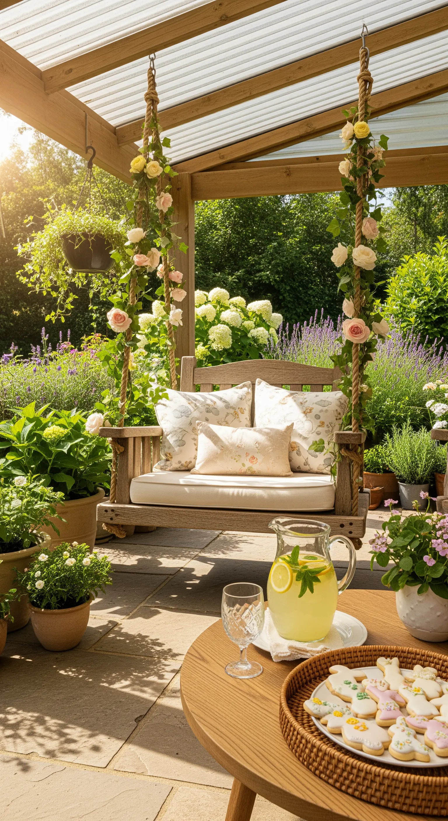 Gartenschaukel mit Kletterrosen, floralen Kissen, Limonade und Hasen-Keksen.