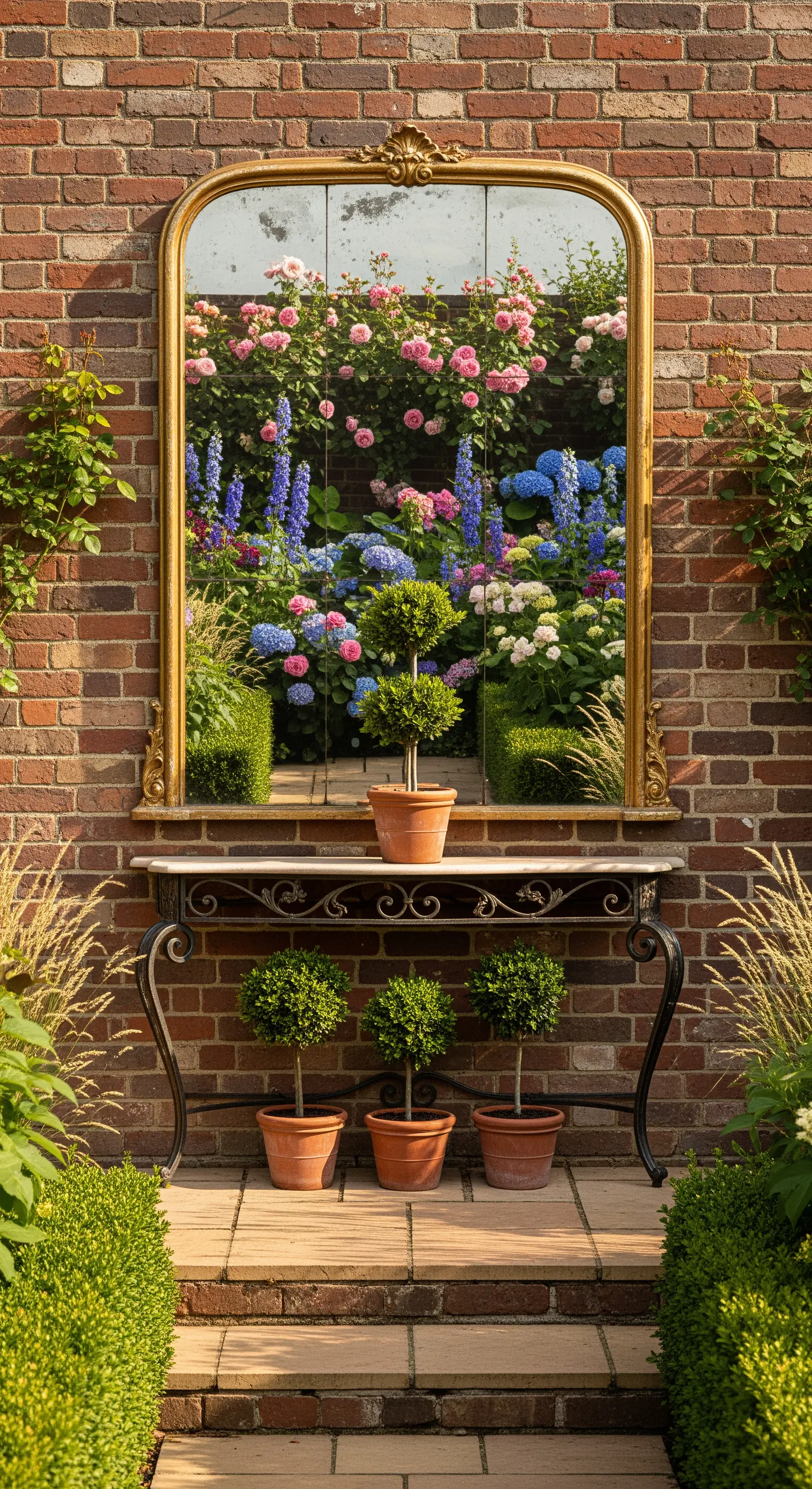 Großer goldgerahmter Spiegel an einer Backsteinwand, darunter Konsole mit Topiari