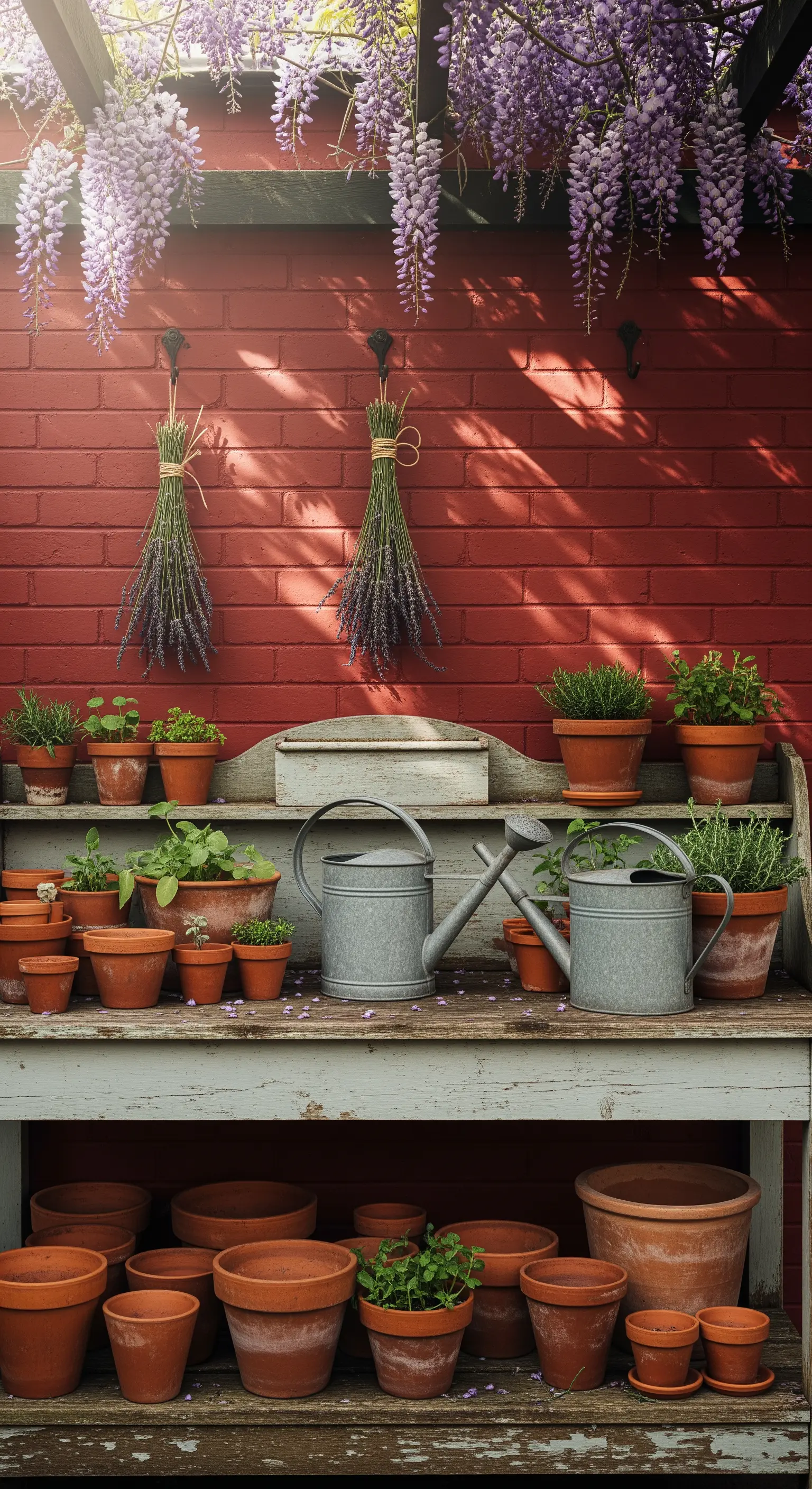 Rustikale Gartenwerkbank mit Lavendelsträußen, Terrakottatöpfen und Zinkgießkannen vor Ziegelwand.