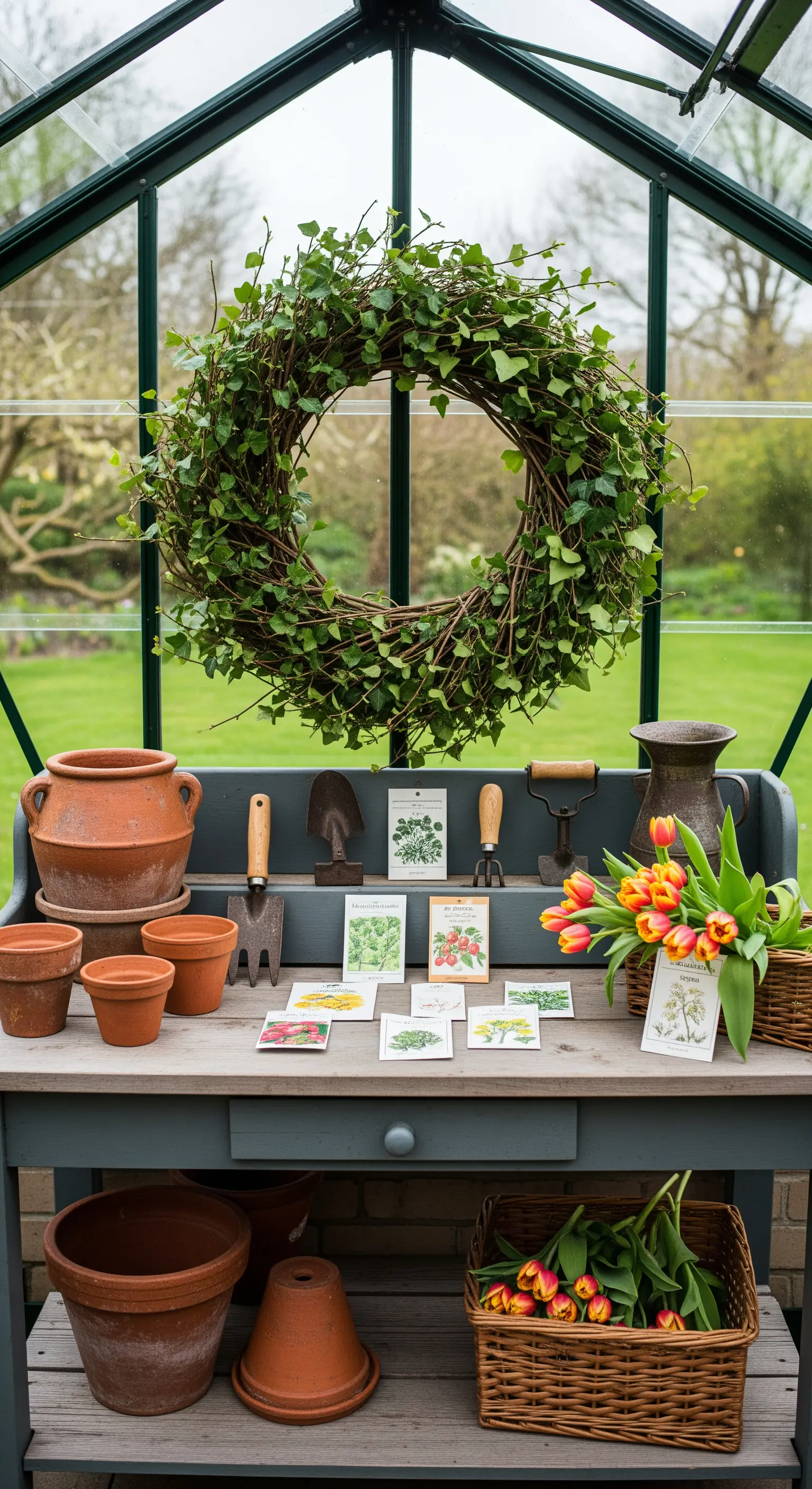 Gärtner-Ecke mit Efeu-Kranz, Terracotta-Töpfen, Gartengeräten und Tulpen