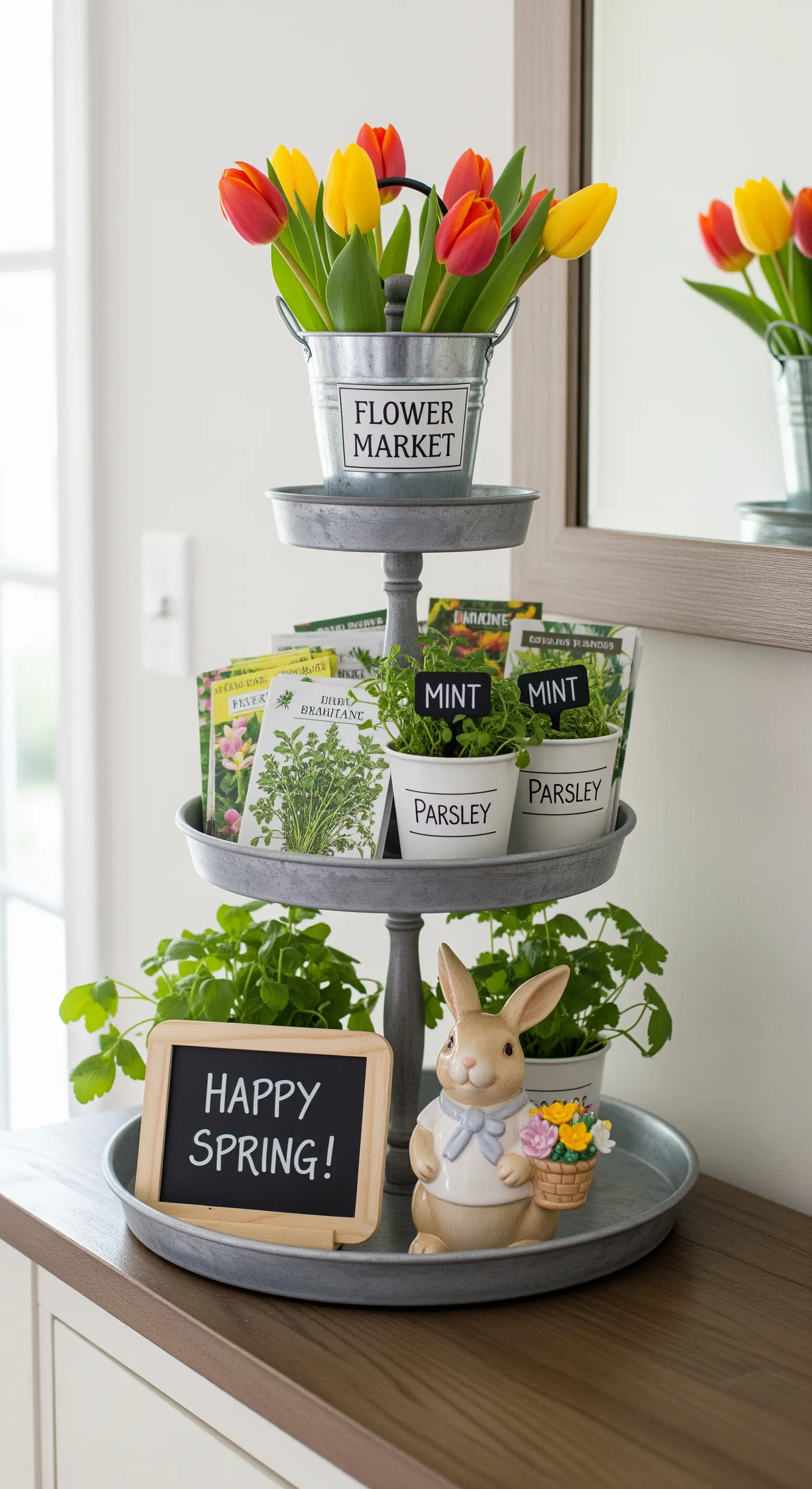 Zink-Etagere im Garten-Stil mit Kräutern, Tulpen und einer Tafel