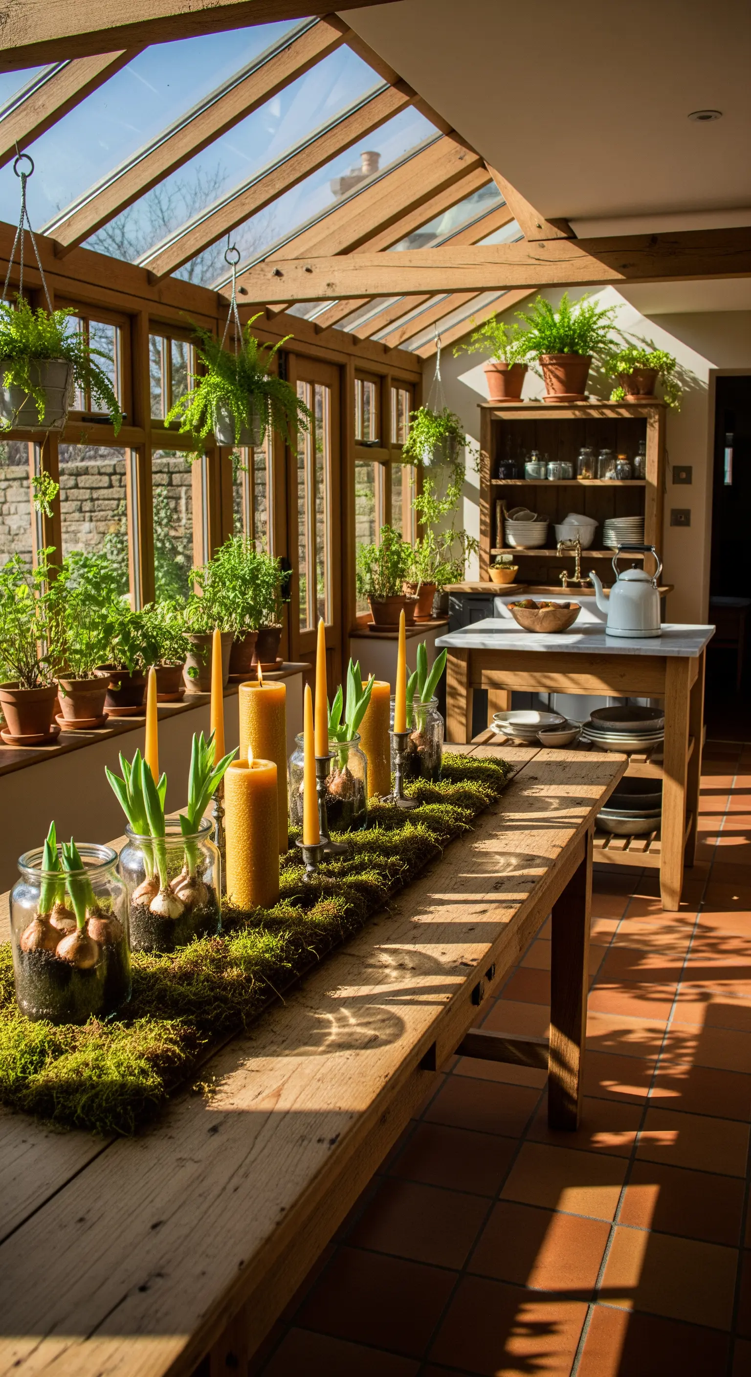 Holztisch mit Moosläufer, Tulpenzwiebeln in Gläsern und gelben Kerzen im Wintergarten