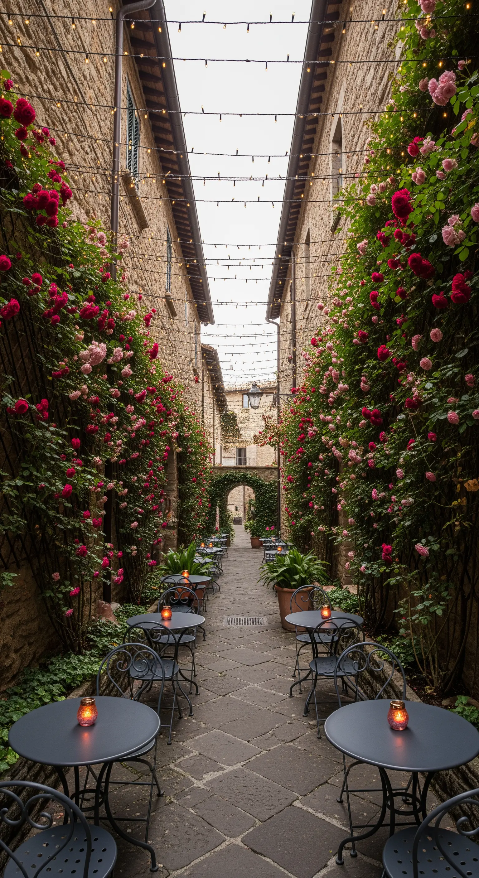 Enge italienische Gasse mit Kletterrosen und Tischen, überspannt von Lichterketten.