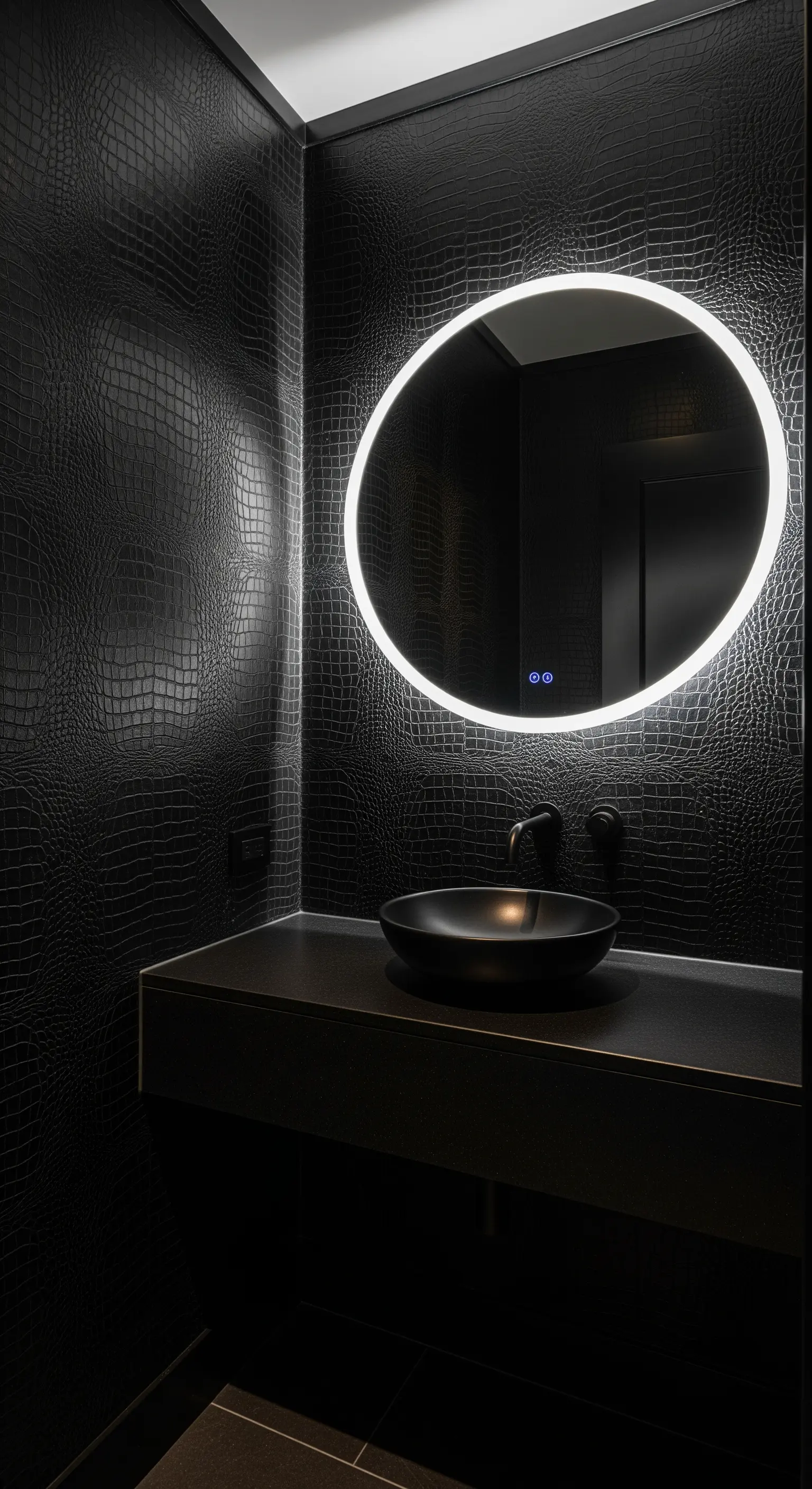 Gästebad mit schwarzer Reptilien-Wand, rundem Ringlicht-Spiegel und Aufsatzbecken