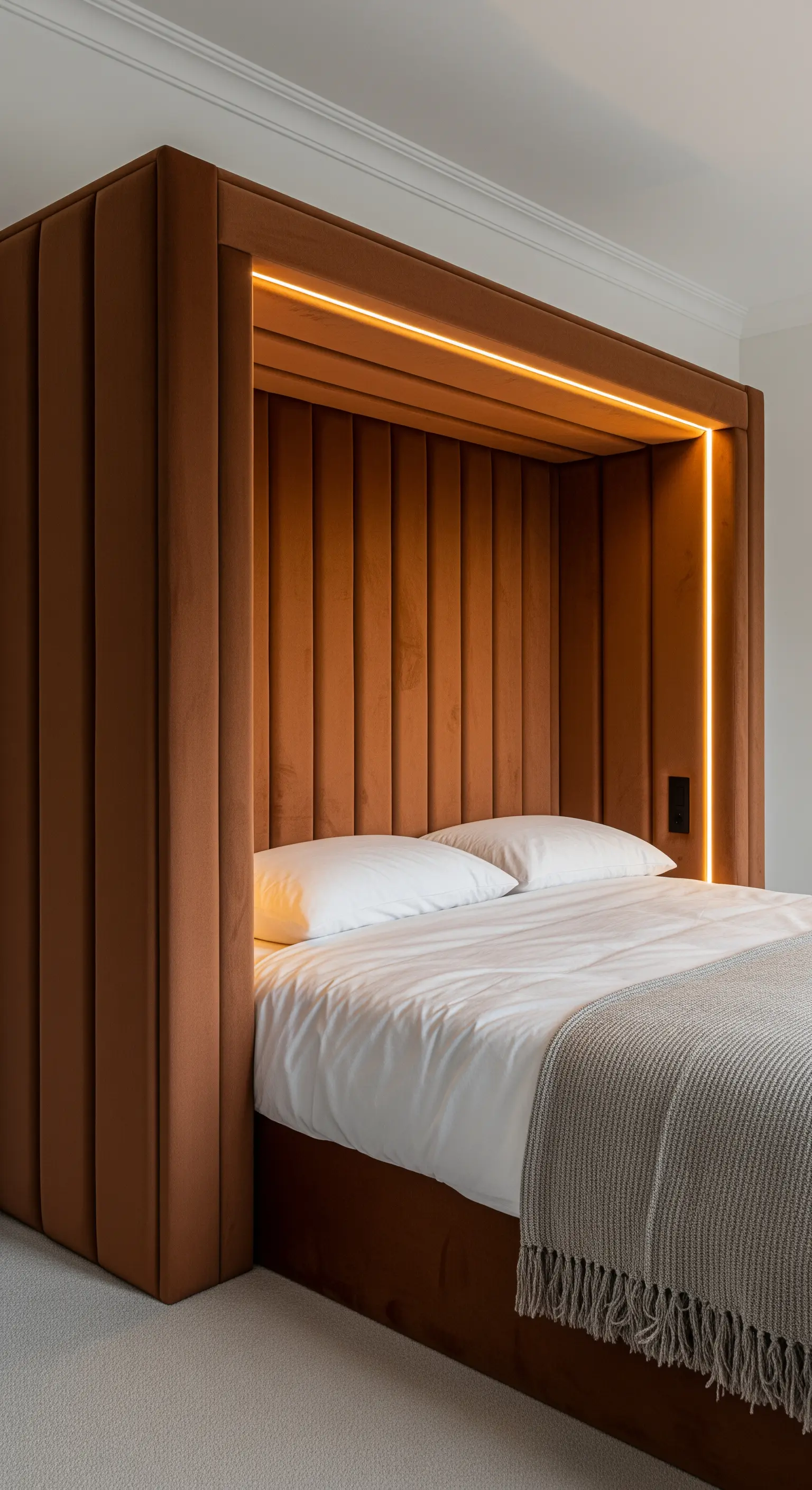 Bettnische, komplett mit senkrecht gestepptem, braunem Samt verkleidet und indirekt beleuchtet.