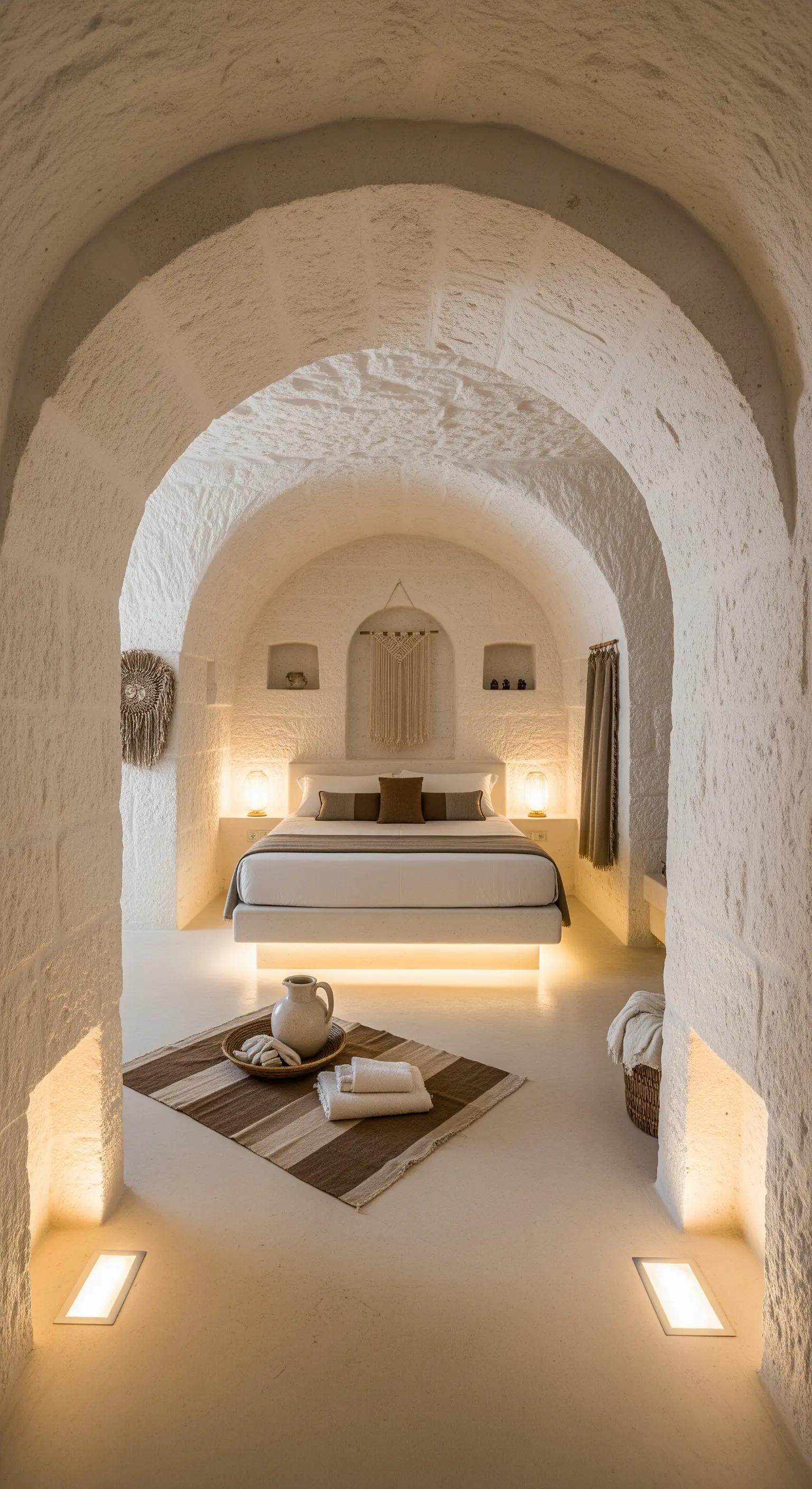 Höhlenartiges Schlafzimmer mit gewölbten Decken und indirekter Beleuchtung.