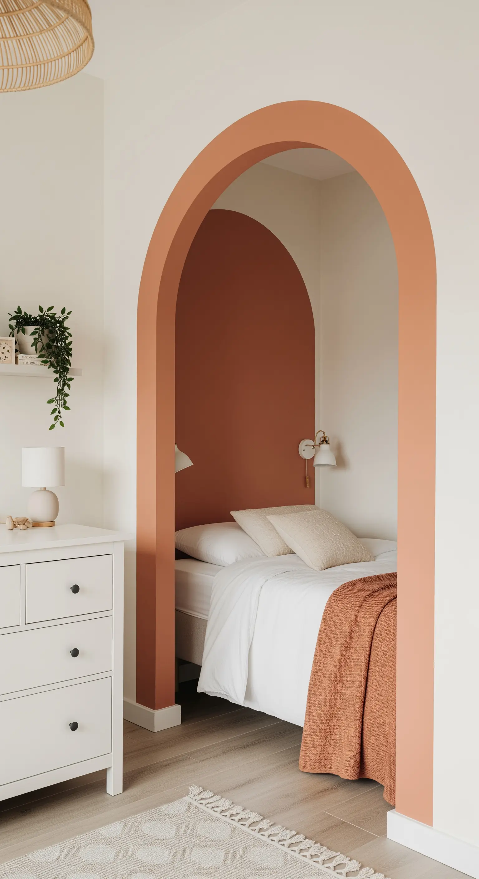 Schlafnische mit einem in Terrakotta gestrichenen Bogen als architektonisches Detail.