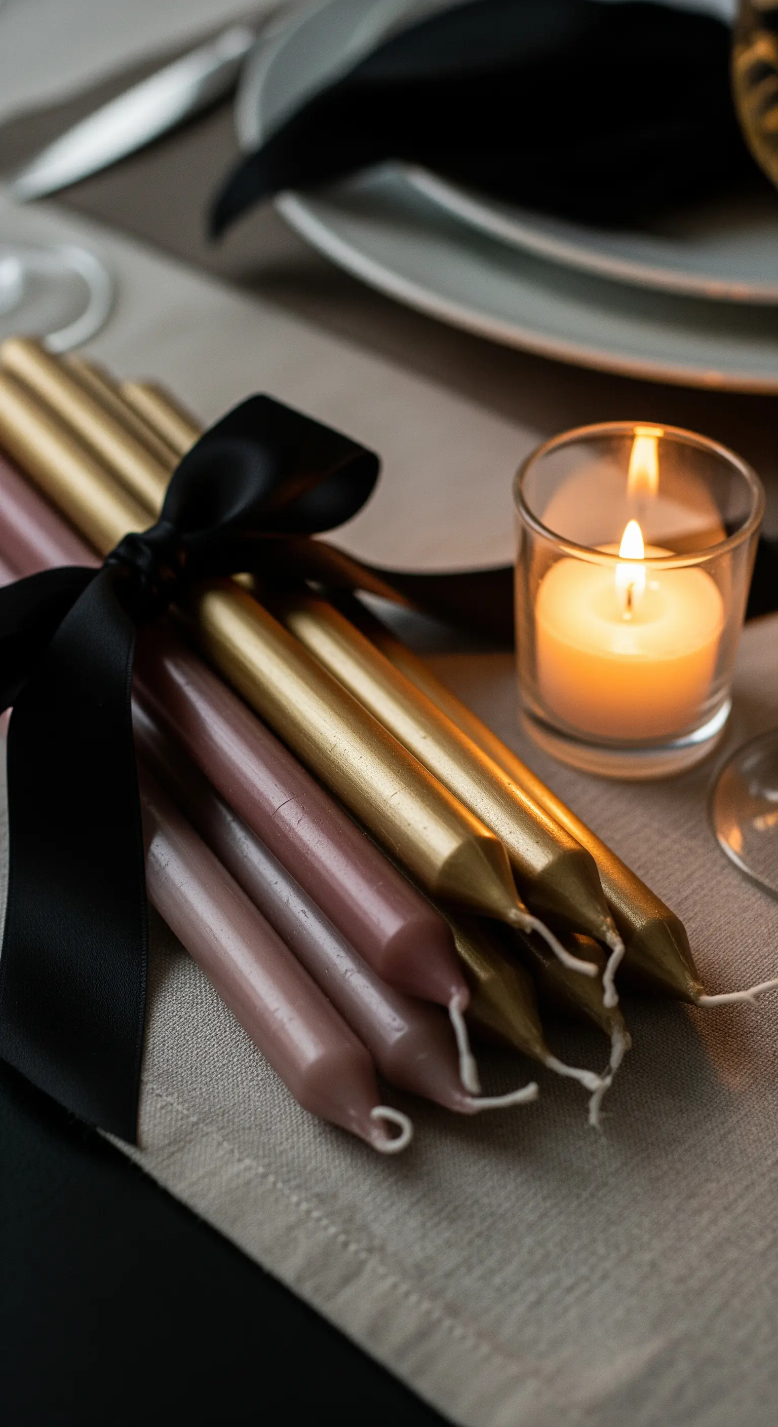 Ein Bündel aus goldenen und rosafarbenen Stabkerzen, zusammengebunden mit einer schwarzen Schleife.