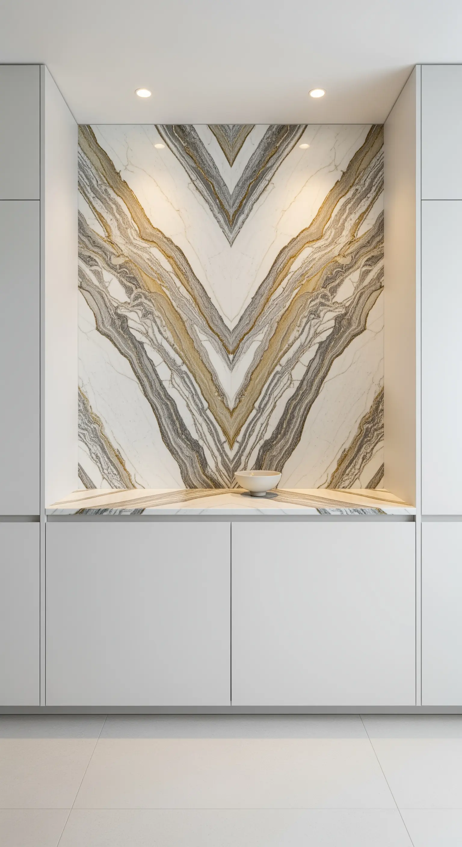 Weiße Küche mit einer Nische, die mit einer spektakulären, bookmatched Marmorplatte verkleidet ist