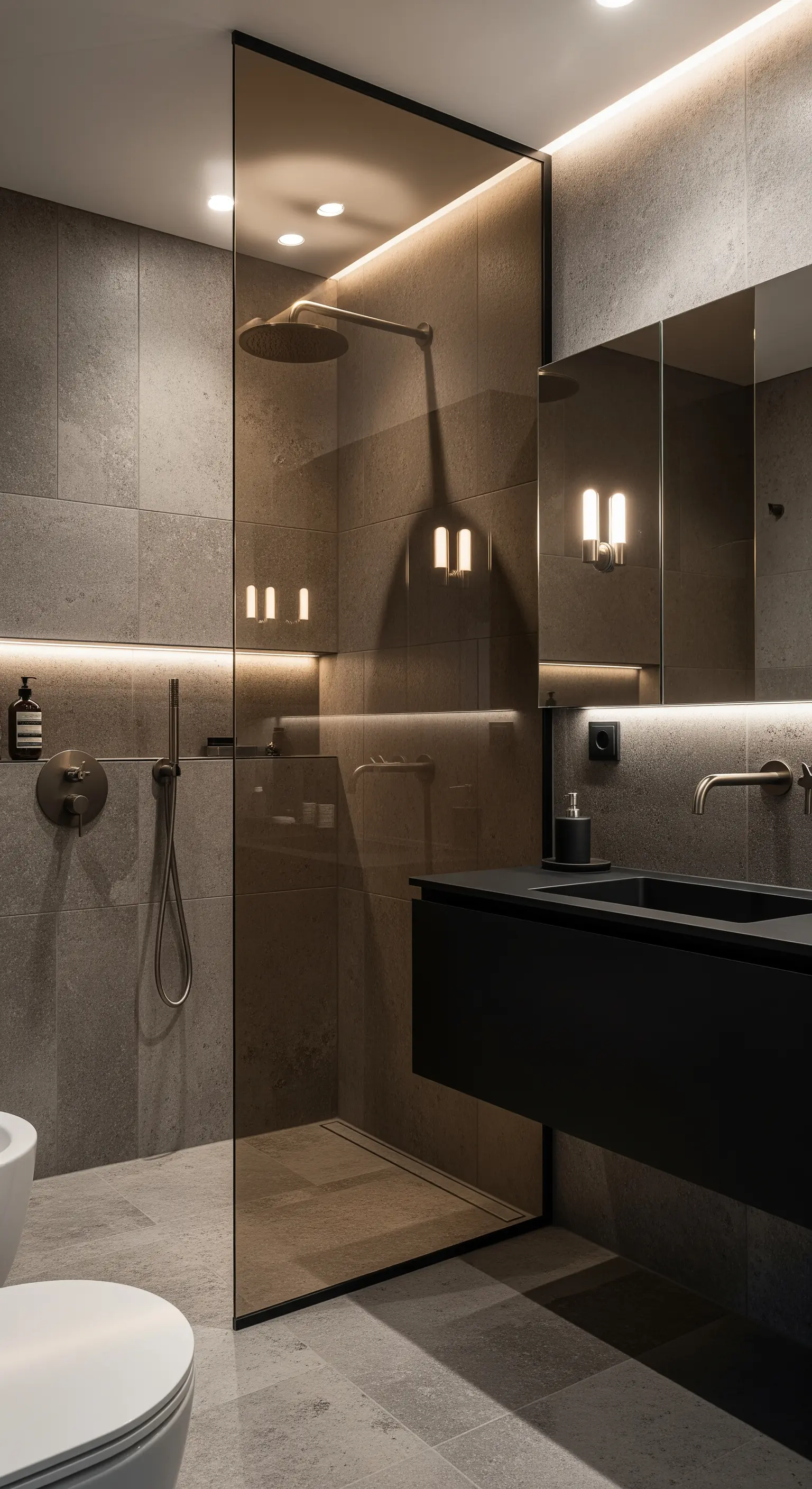 Dunkles, modernes Badezimmer mit grauen Fliesen, indirekter Beleuchtung und schwarzen Armaturen