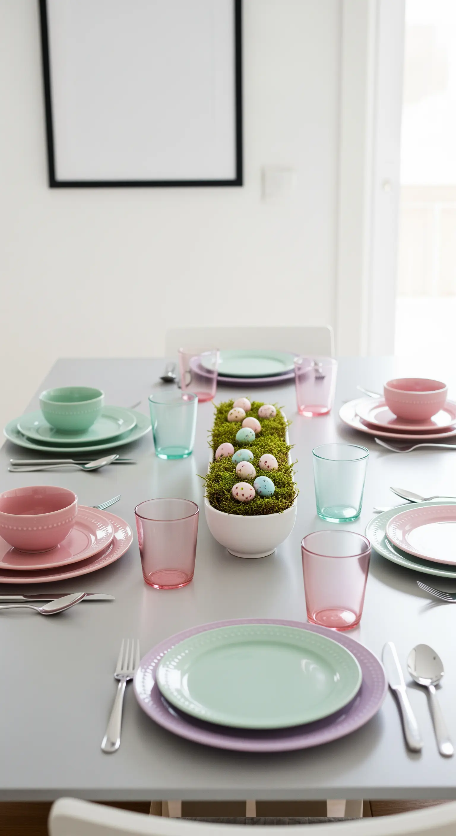 Ostertisch mit Geschirr in verschiedenen Pastellfarben und einem Moosbett in der Mitte