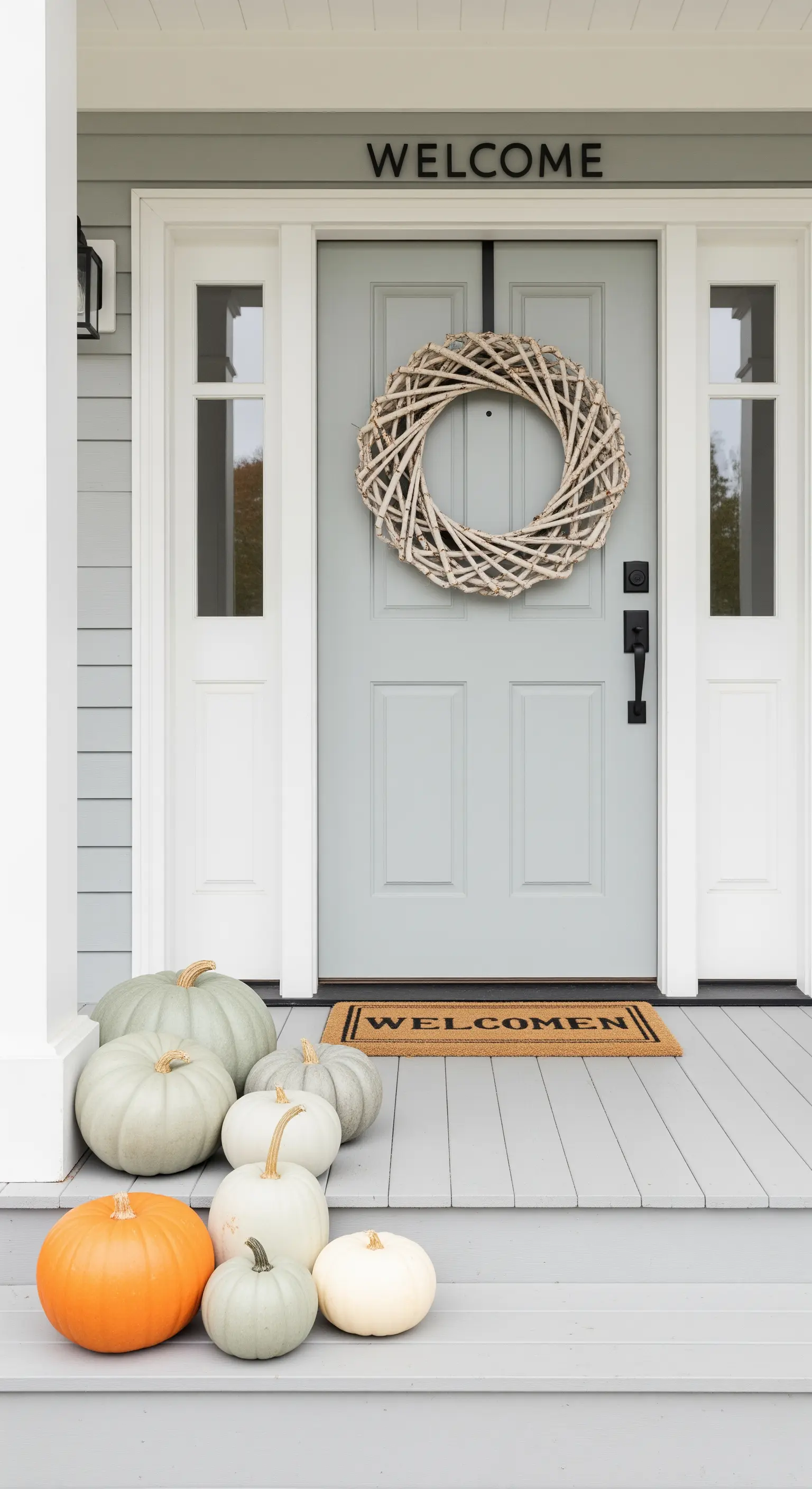 Hauseingang mit Kranz aus Zweigen und Kürbissen in Salbeigrün