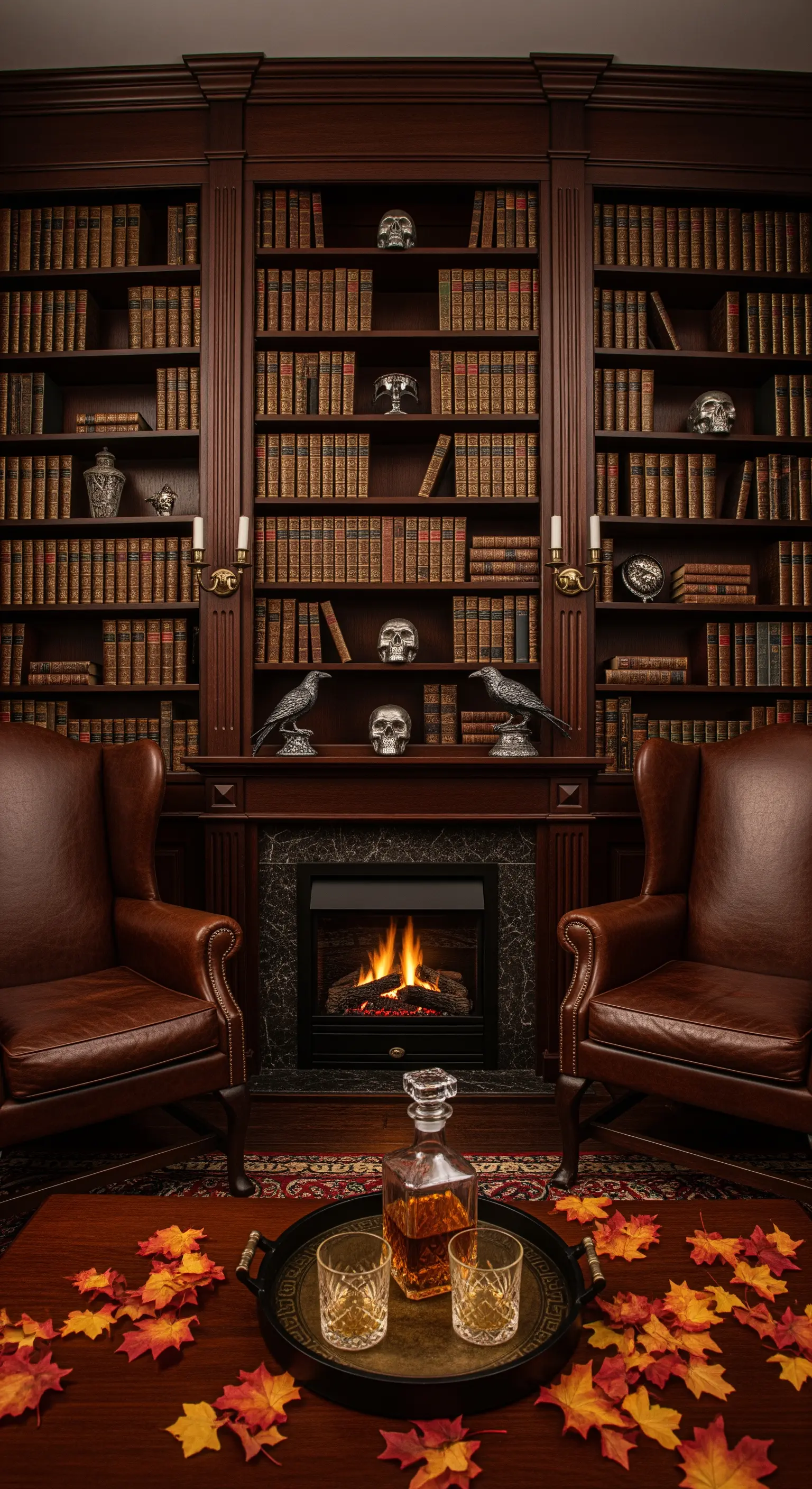 Bibliothek mit dunklen Bücherregalen, Kamin, Raben, Totenköpfen, Ledersesseln und Herbstlaub.