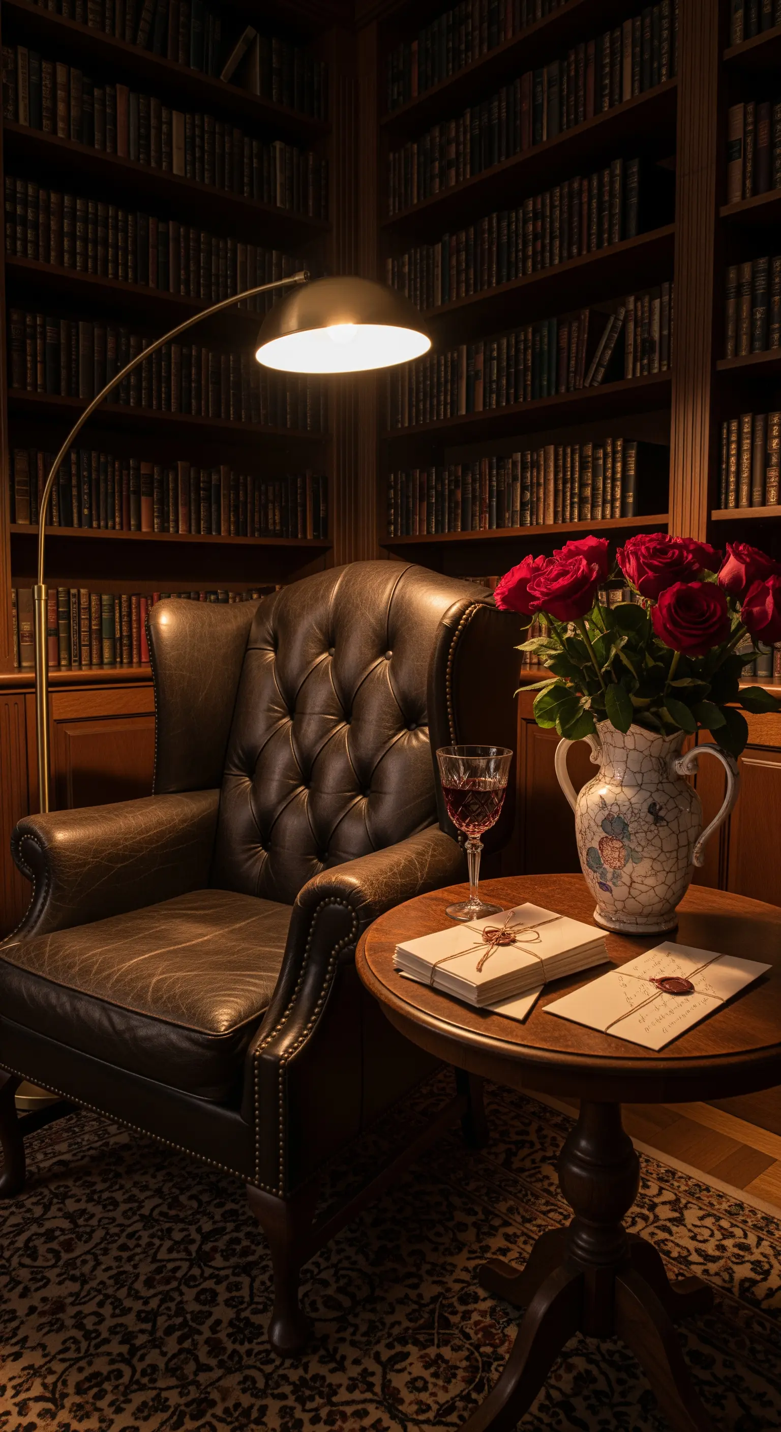Dark Academia Lesezimmer, Ledersessel, rote Rosen, Vintage Lampe, Bücherregale