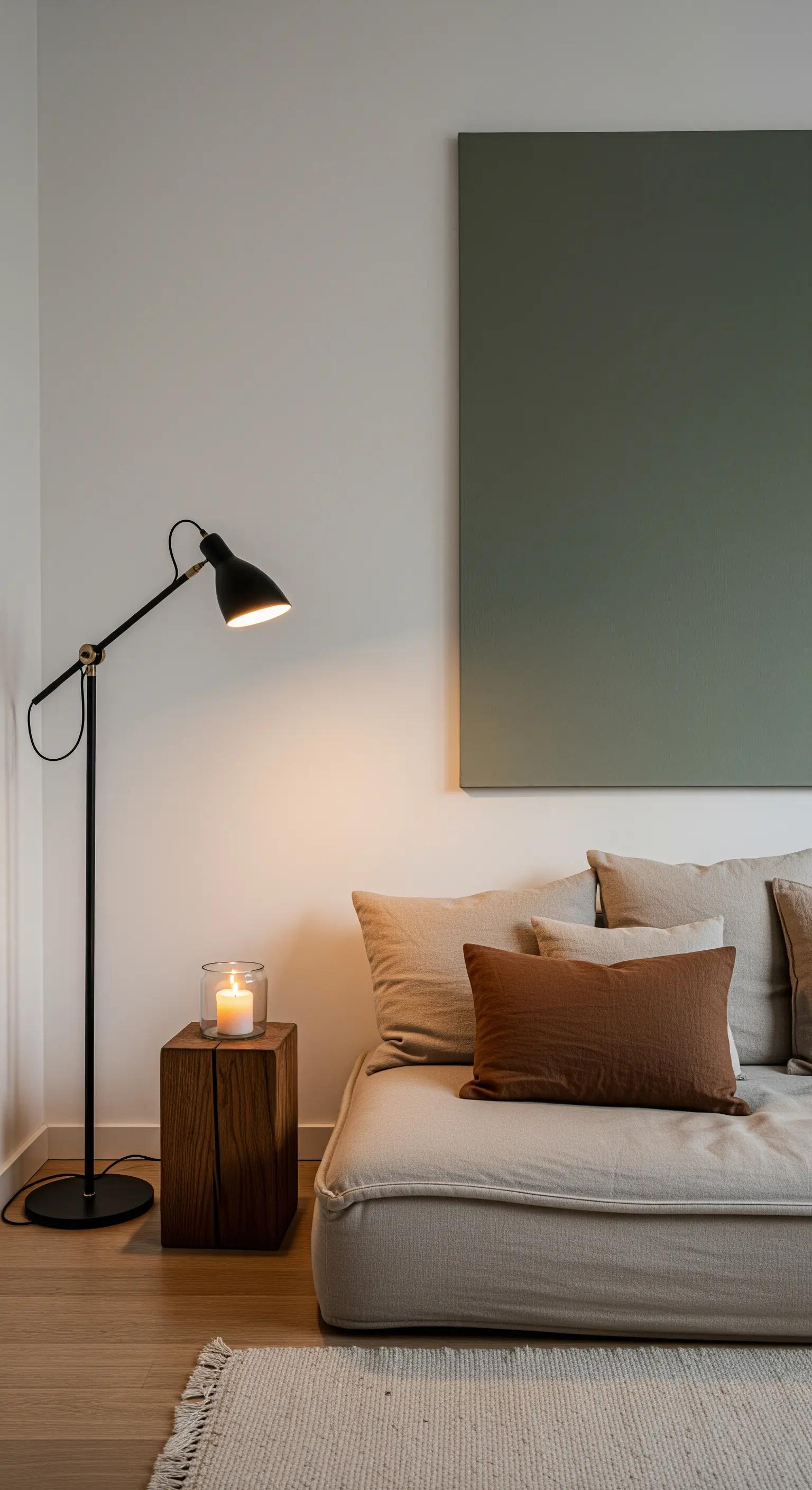 Gemütliche Ecke mit einem beigen Bodensofa, einem Holzblock und einer Kerze.