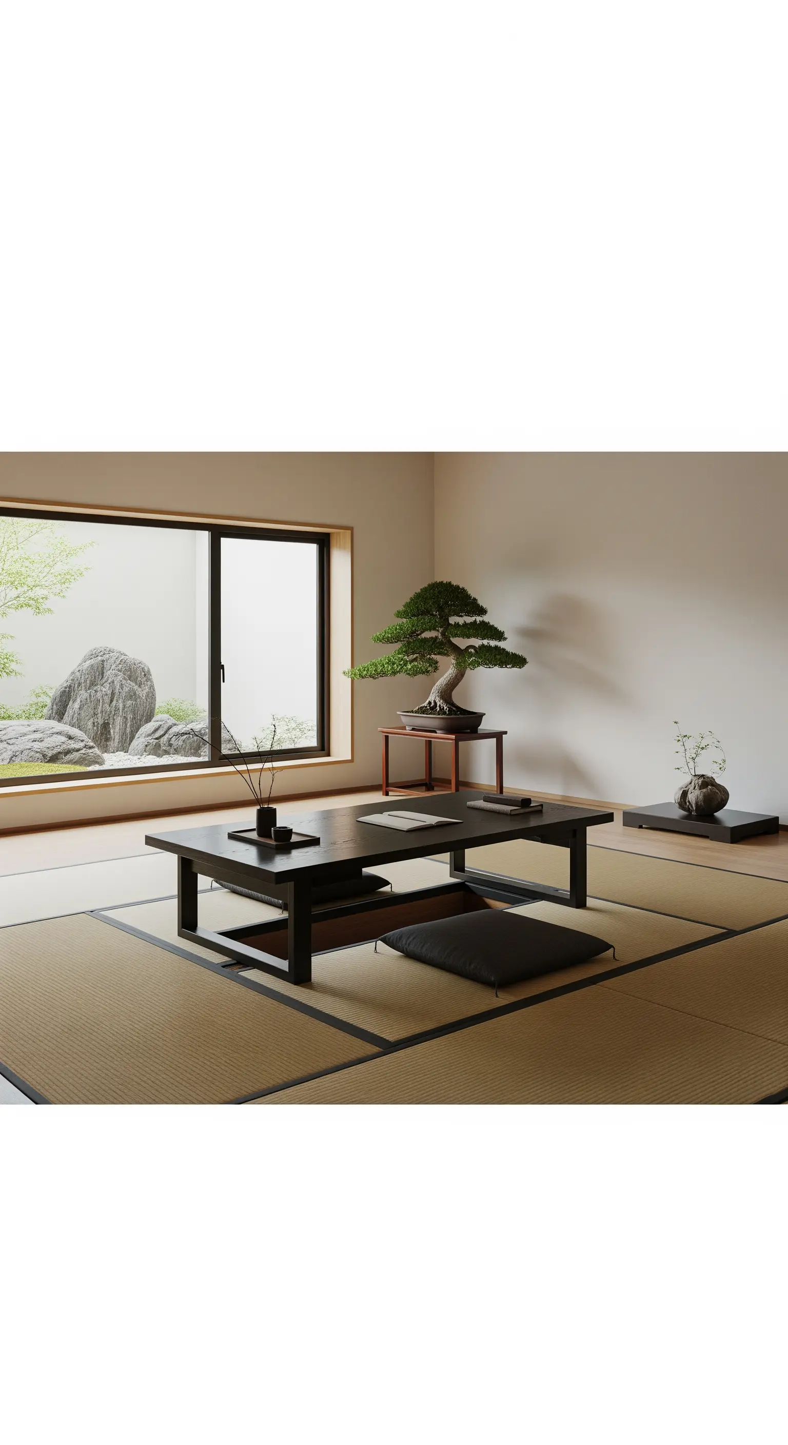 Bodentiefer japanischer Arbeitsplatz mit niedrigem Tisch und Sitzkissen auf Tatami-Matten.