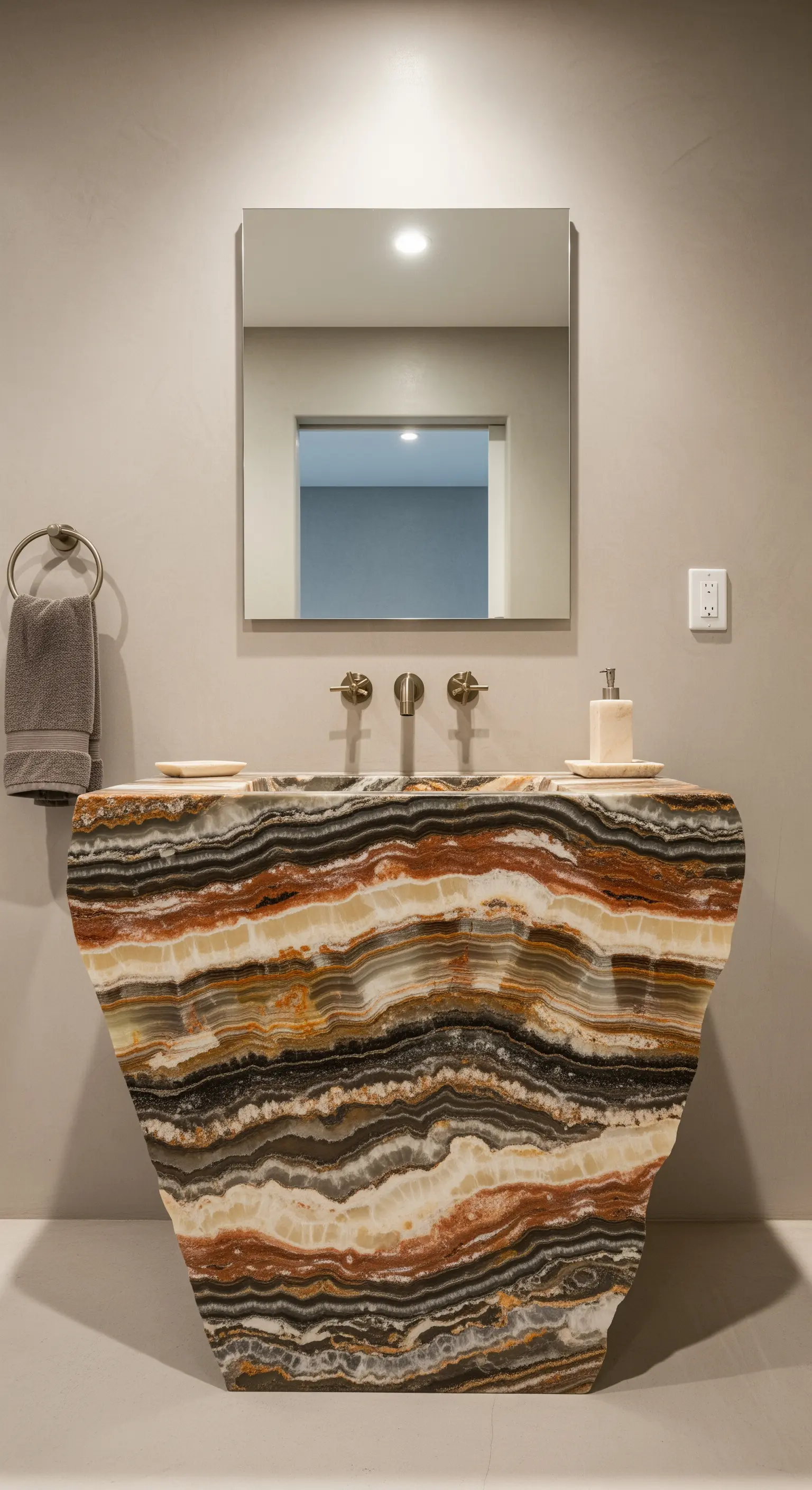 Freistehendes Waschbecken aus einem Stein mit erdigen, bunten Gesteinsschichten.