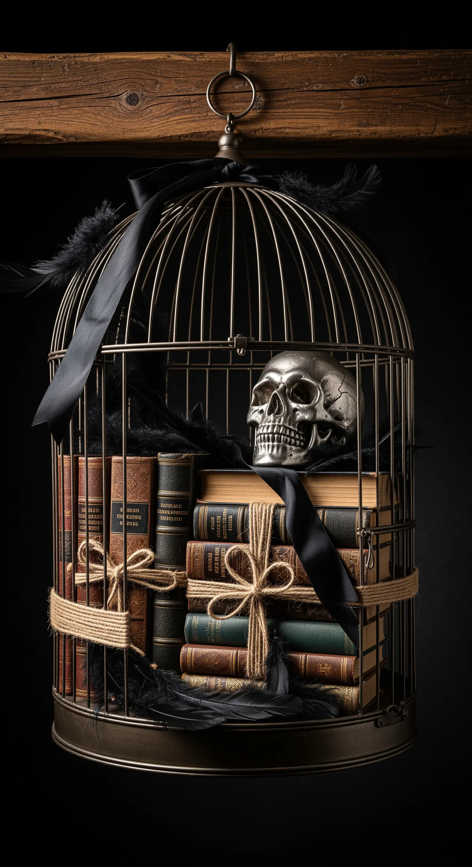 Vogelkäfig, Bücher, Schädel, schwarze Bänder, Federn, Halloween-Deko.