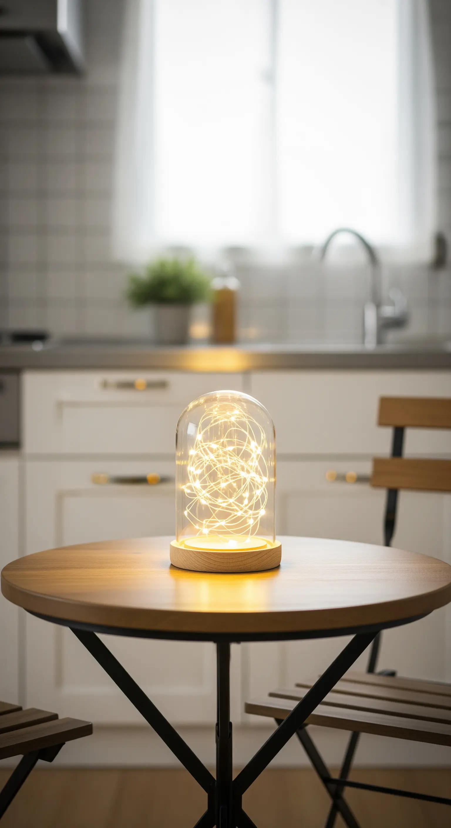 Eine feine Lichterkette leuchtet unter einer Glasglocke auf einem kleinen Holztisch.
