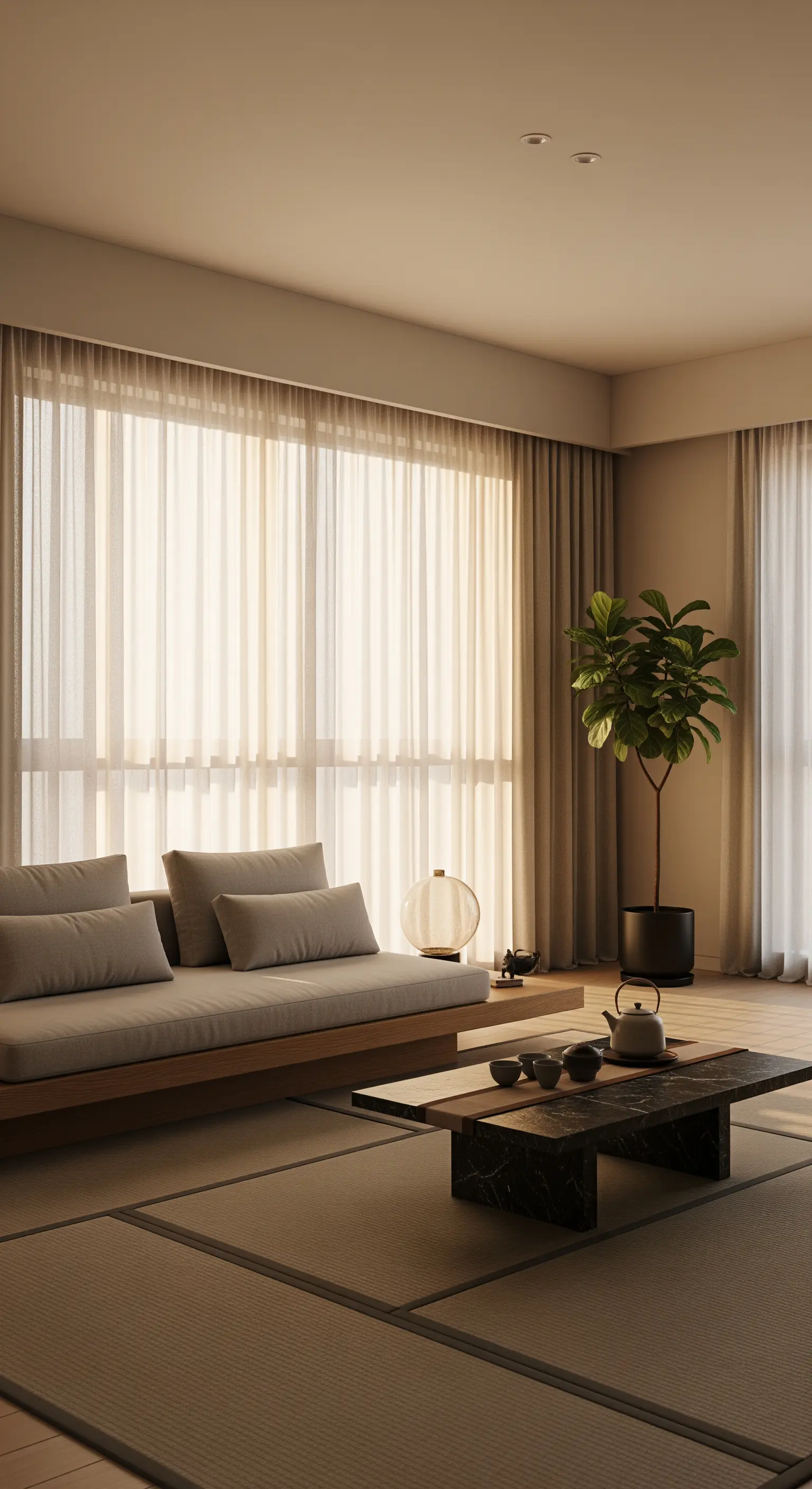 Helles Wohnzimmer im Japandi-Stil mit durchscheinenden Vorhängen, die das Licht filtern.