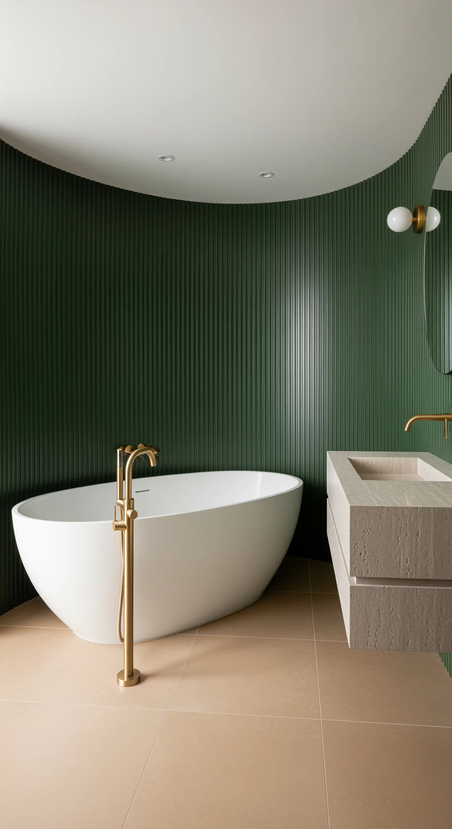 Badezimmer mit gebogener, geriffelter Wand in Dunkelgrün und freistehender Wanne.
