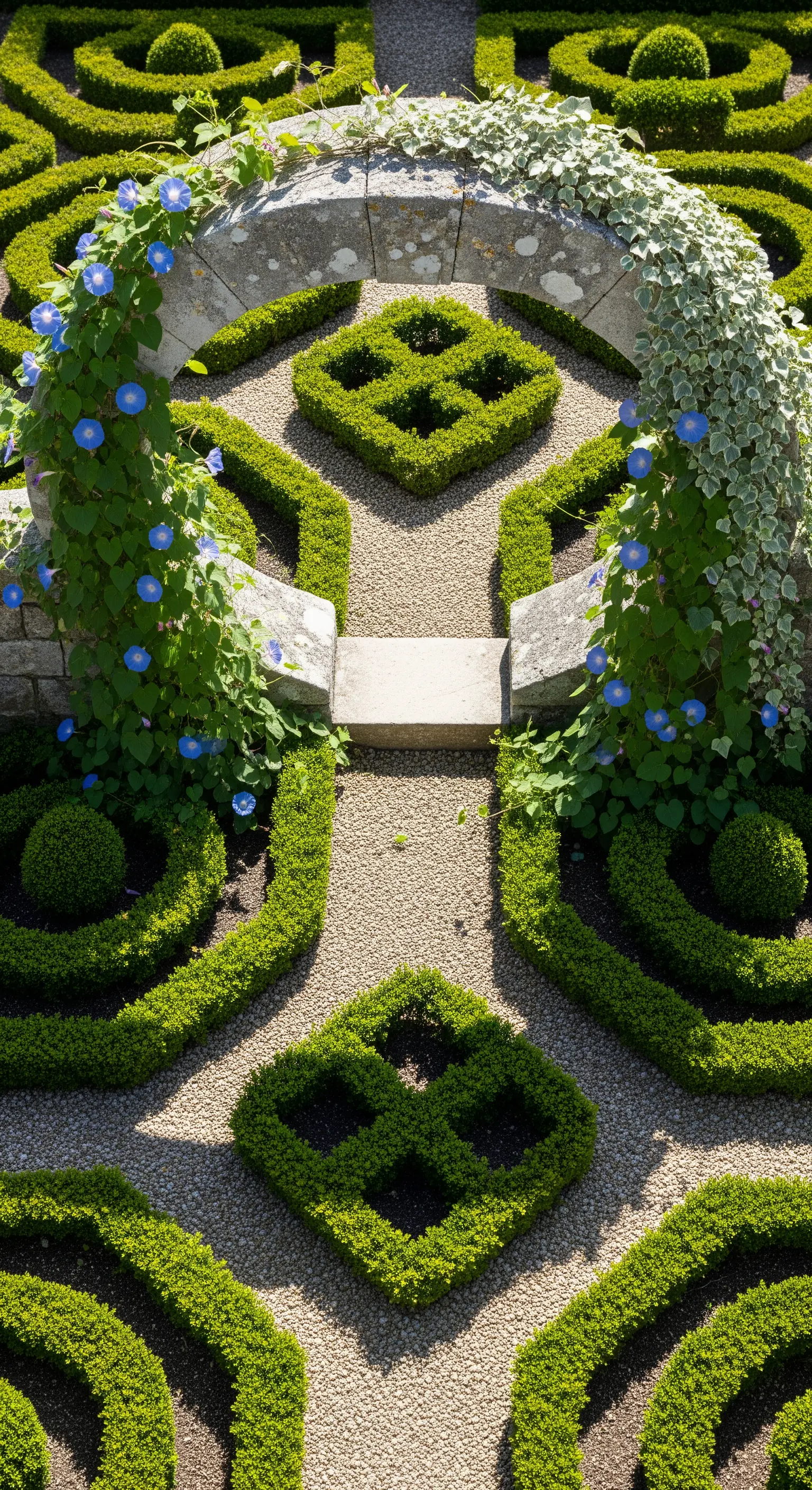 Buchsbaum-Garten, formeller Torweg, blaue Blütenranken