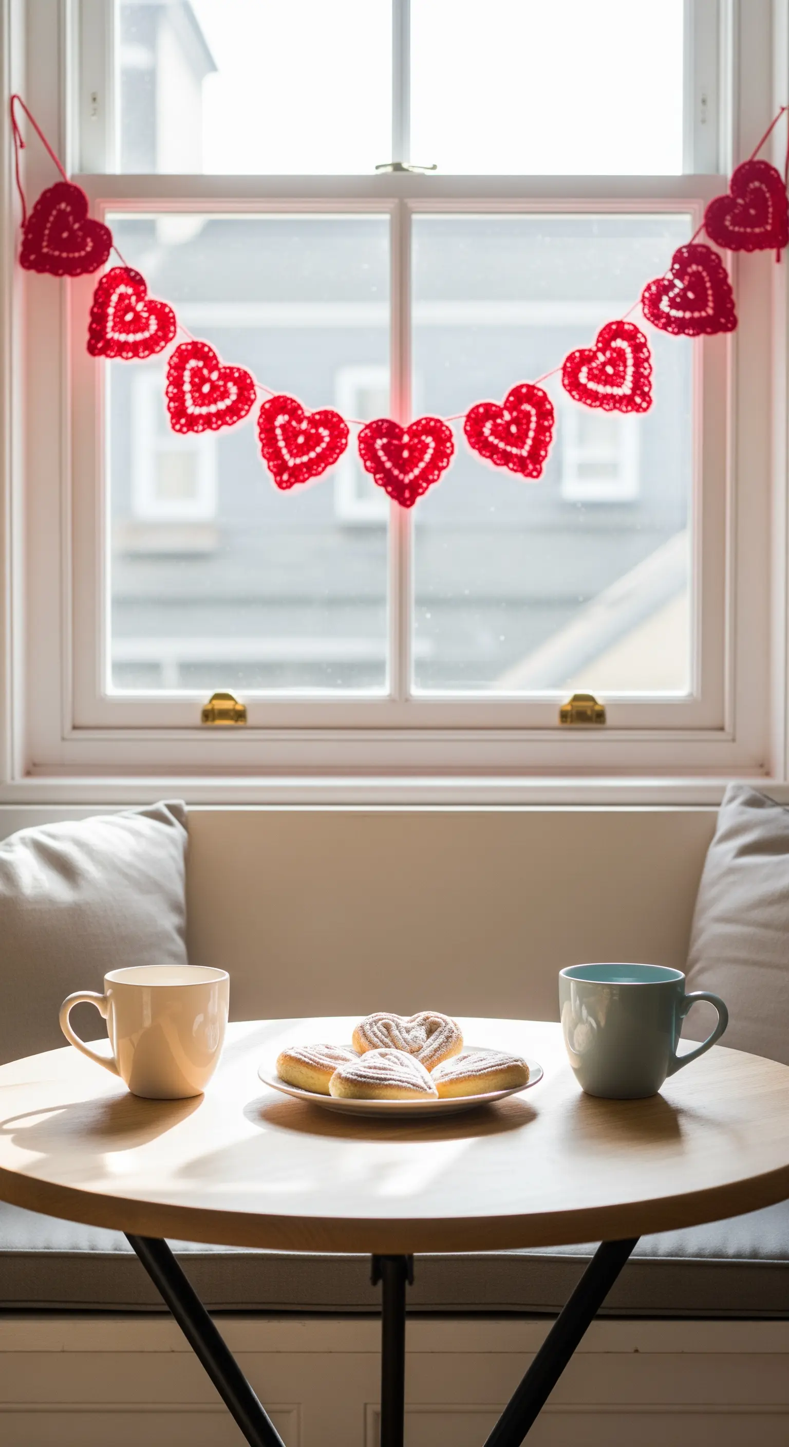 Gehäkelte Herz-Girlande, Fensternische, Frühstückstisch
