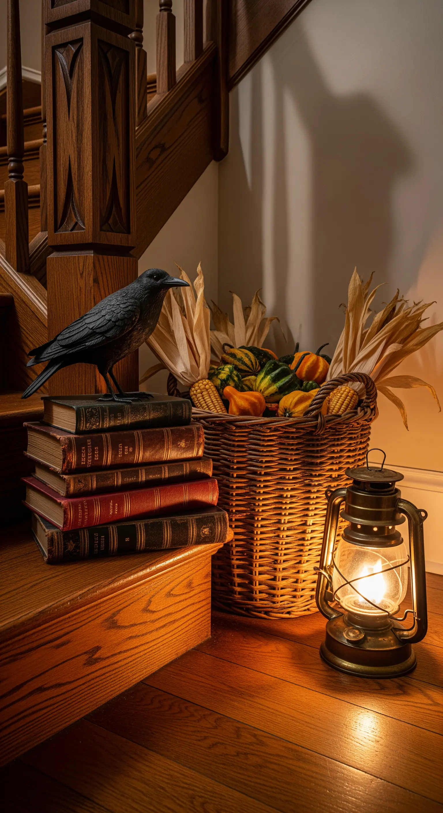 Herbstliche Treppendeko mit Rabenfigur, alten Büchern, Weidenkorb und Laterne.