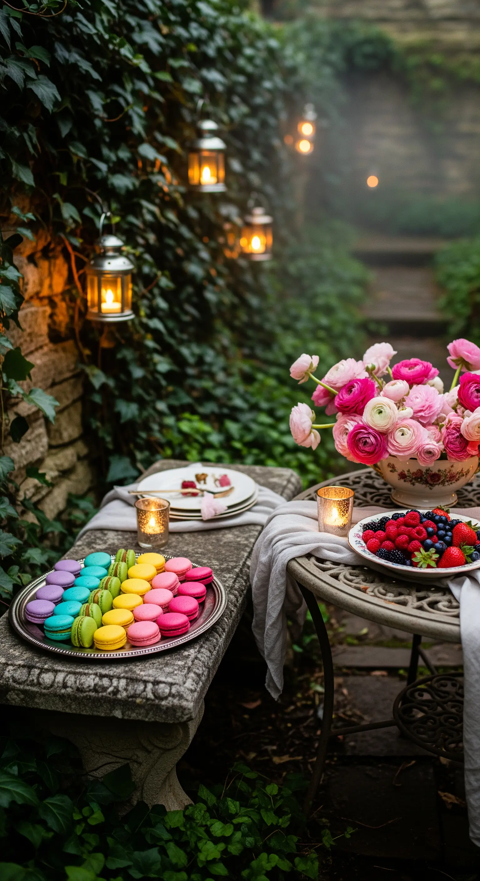 Gartenbank mit bunten Makronen, rosa Ranunkeln, Beeren und hängenden Laternen.