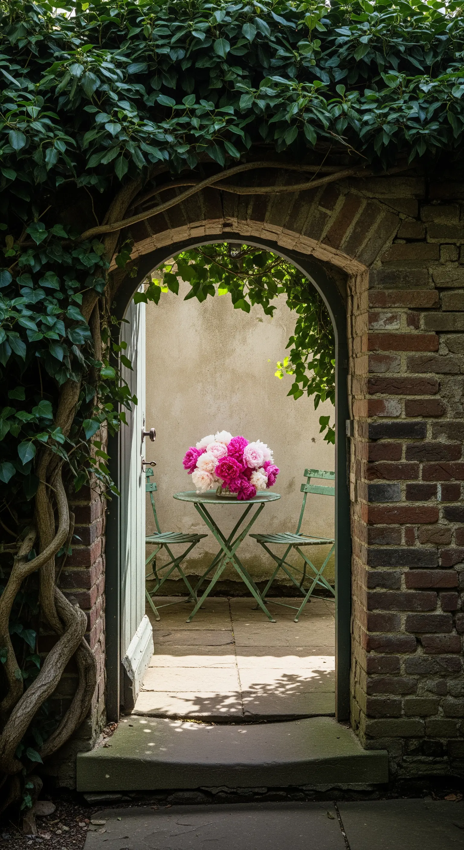 Blick durch ein Tor auf einen Innenhof mit Bistro-Tisch und Pfingstrosenstrauß