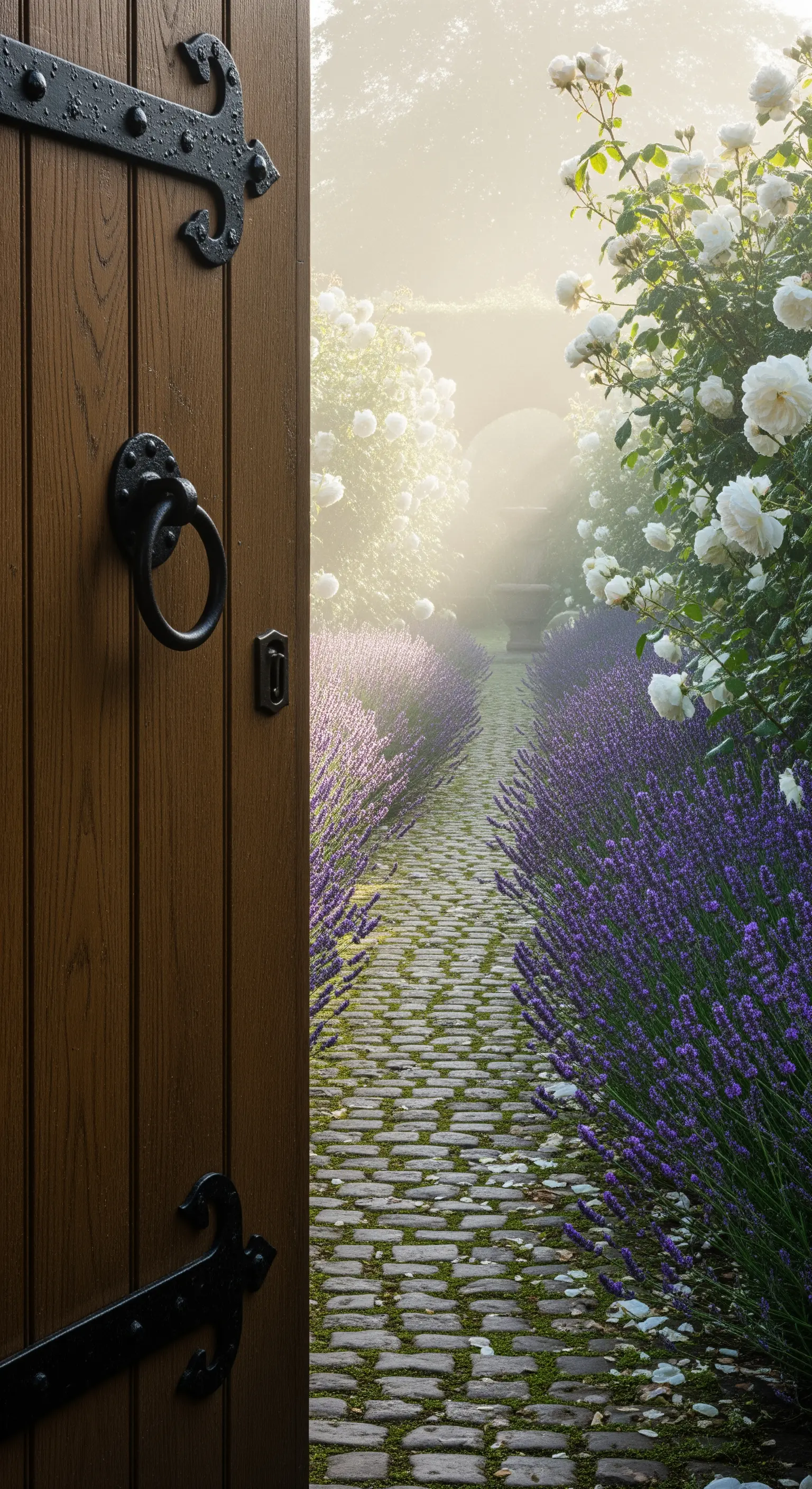 Offene Holztür zu Kopfsteinpflasterpfad mit Lavendel und weißen Rosen im Nebel