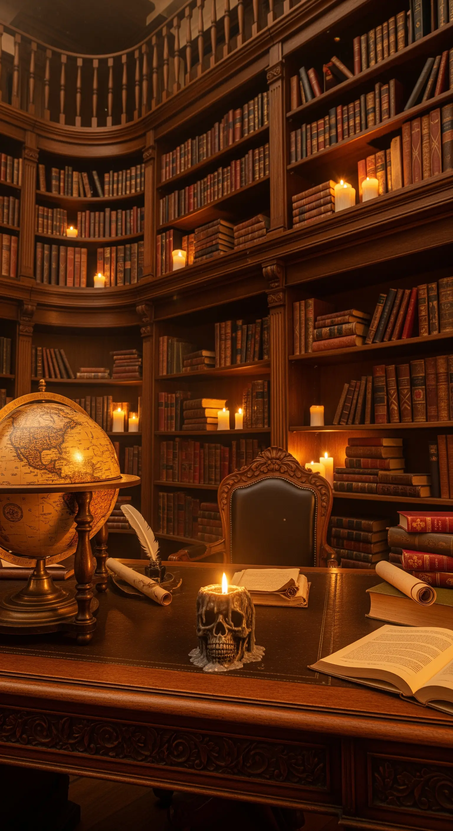 Bibliothek mit Kerzenlicht, Totenkopf-Kerze, Globus und alten Büchern