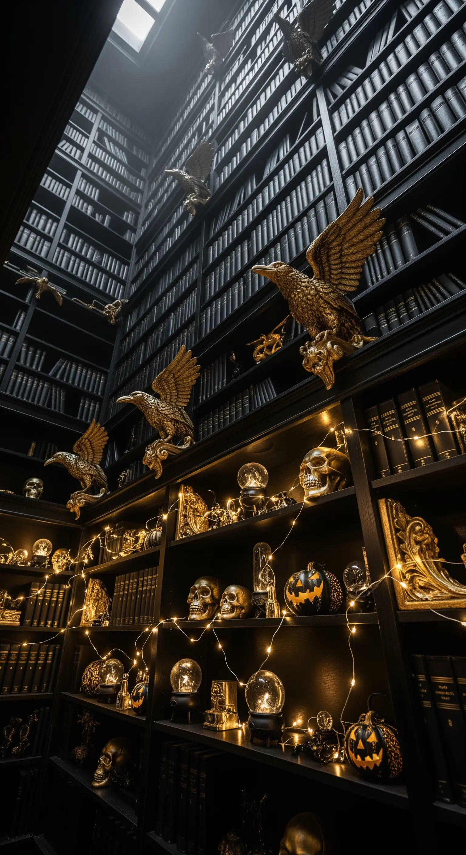 Dunkles Bücherregal mit goldenen Adlern, Totenköpfen und Lichterketten