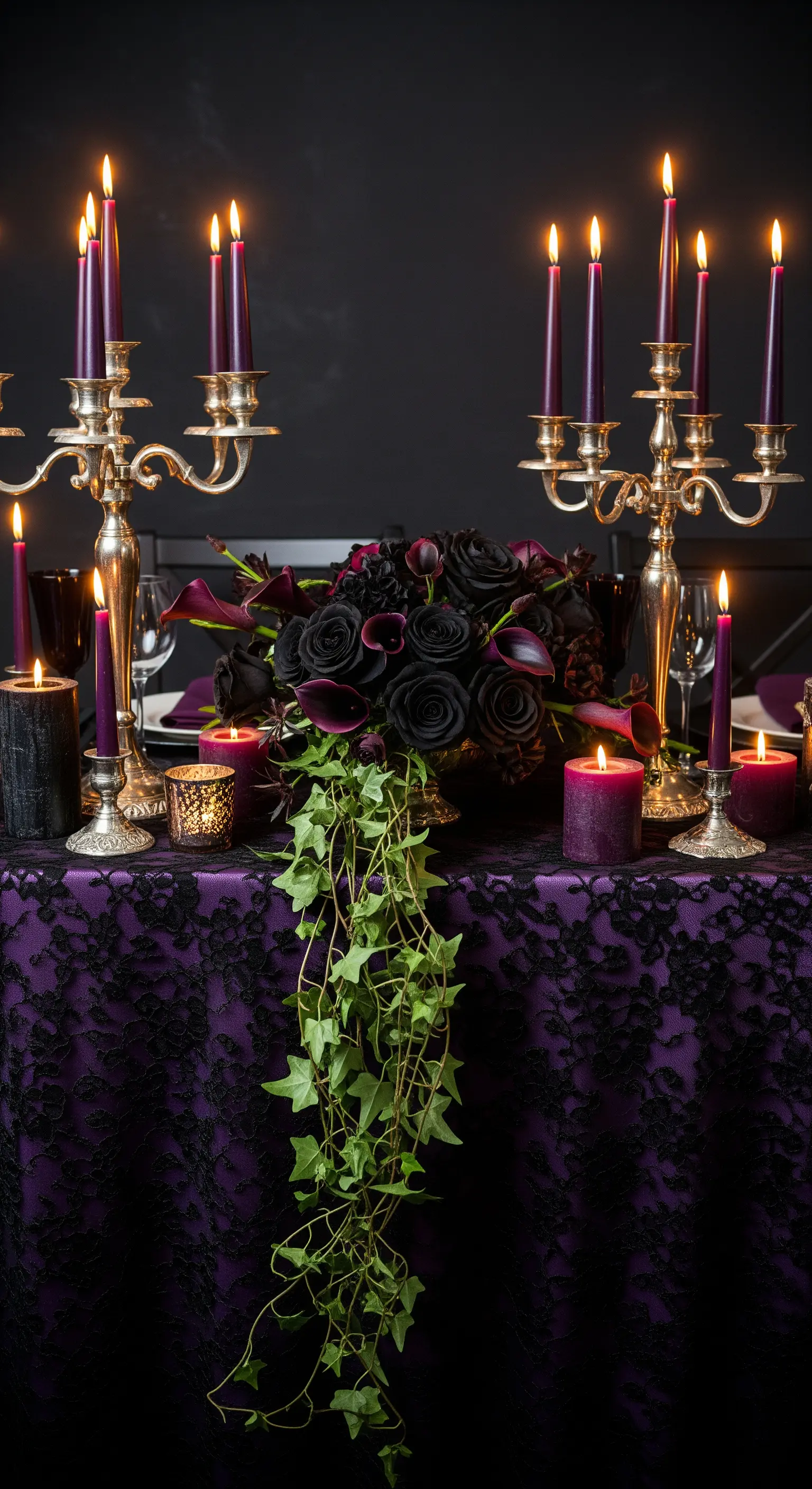 Dramatische Tischdeko in Lila und Schwarz mit Spitze, Kandelabern und schwarzen Rosen.