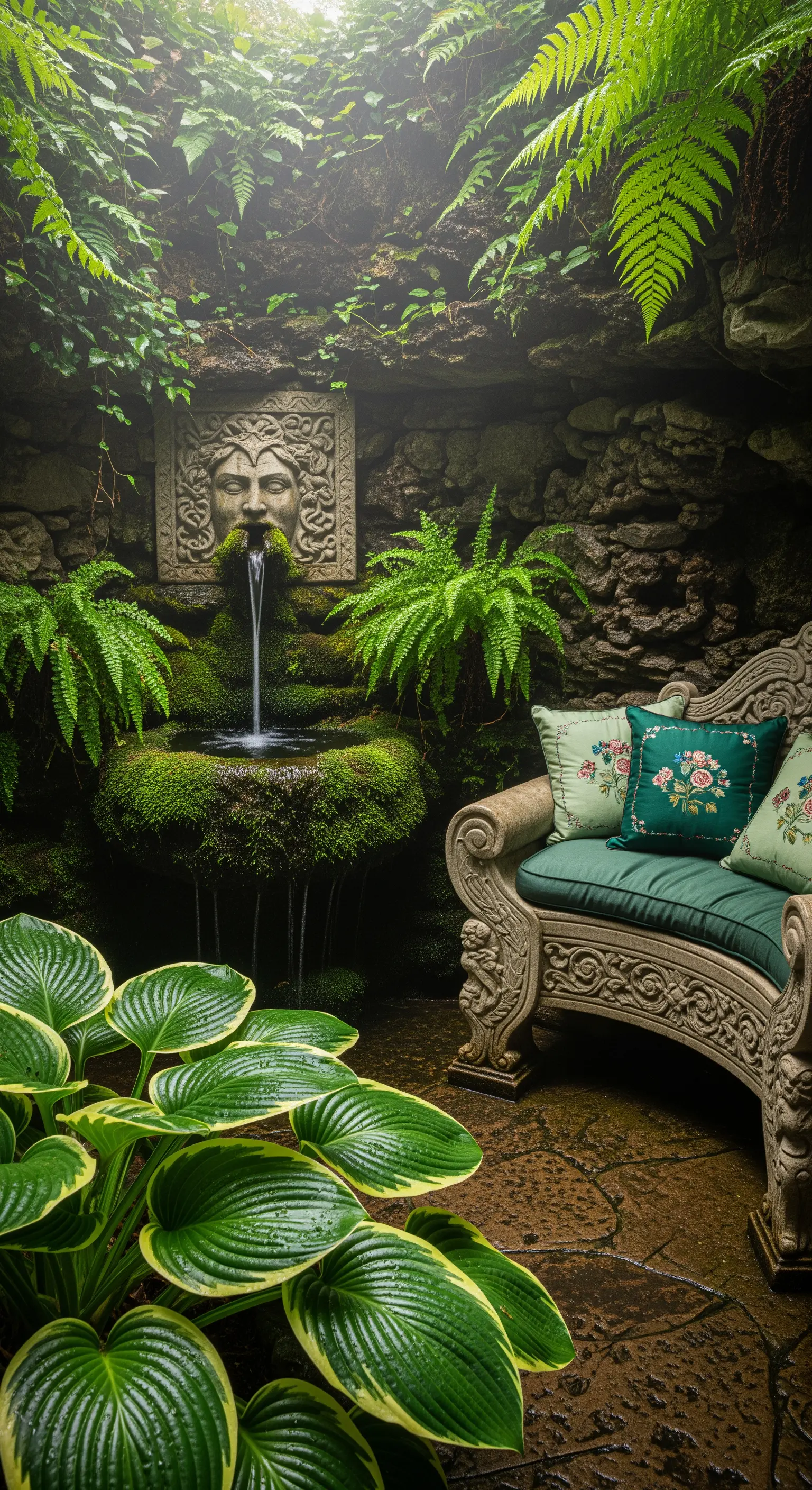 Steinfries-Brunnen mit Moos und Farnen, davor geschwungene Steinbank mit Kissen