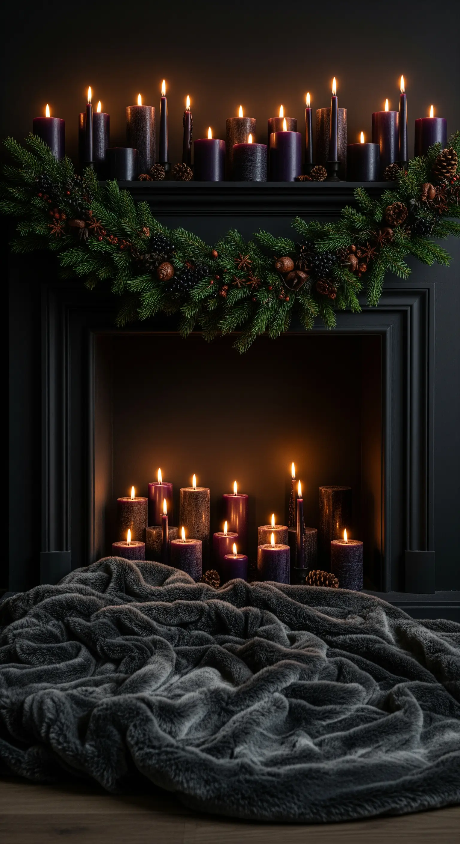 Schwarzer Kamin mit violetter und schwarzer Kerzendeko und einer Tannengirlande.