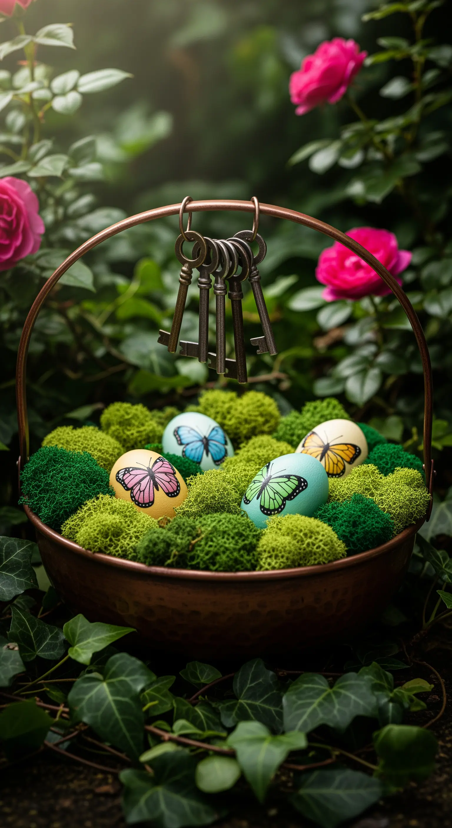 Kupferschale mit Moos und Schmetterlings-Eiern, antiken Schlüsseln in üppiger Gartenkulisse