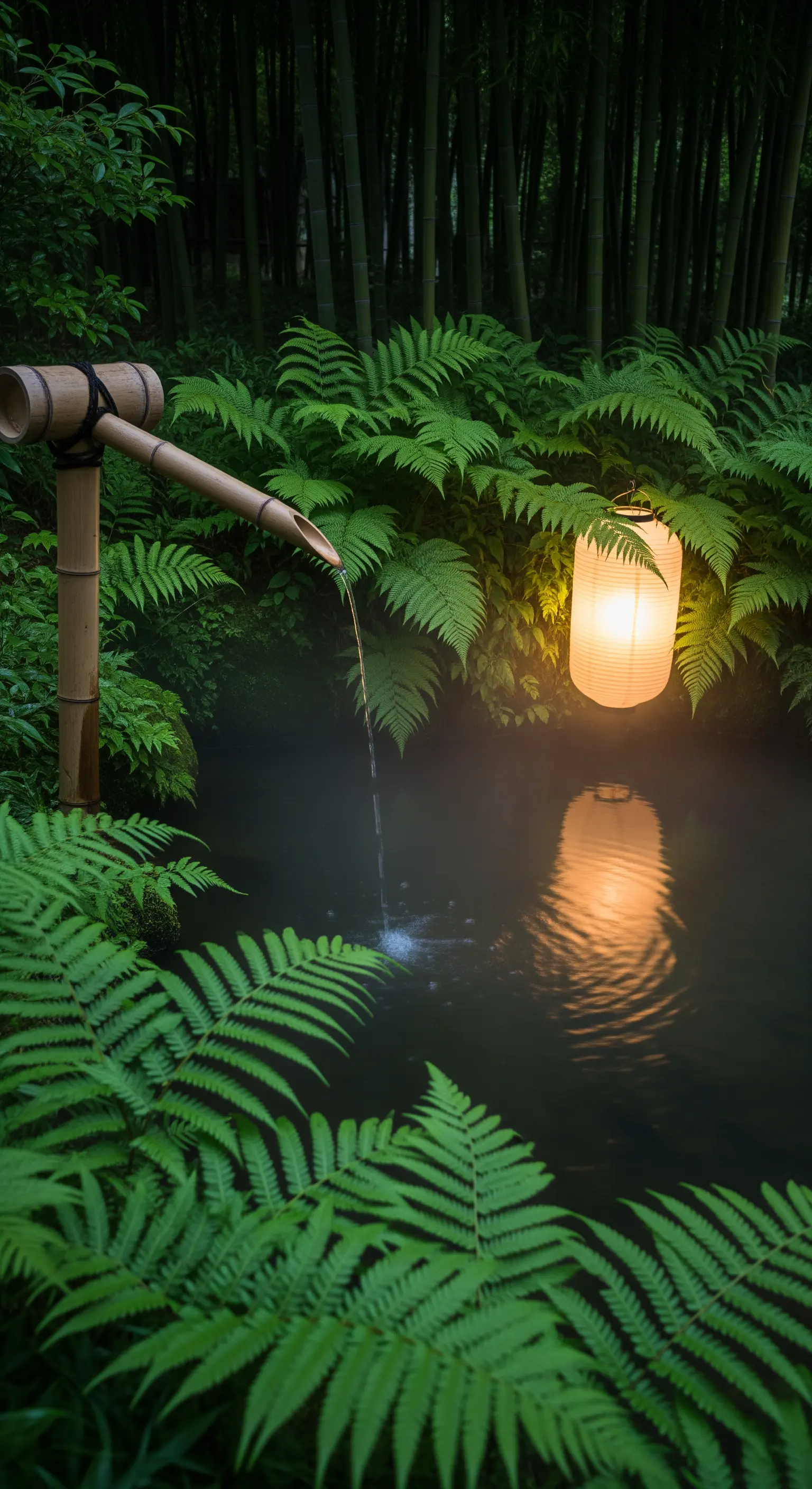 Bambus-Wasserspiel umgeben von Farnen mit einer hängenden Papierlaterne über dem Teich