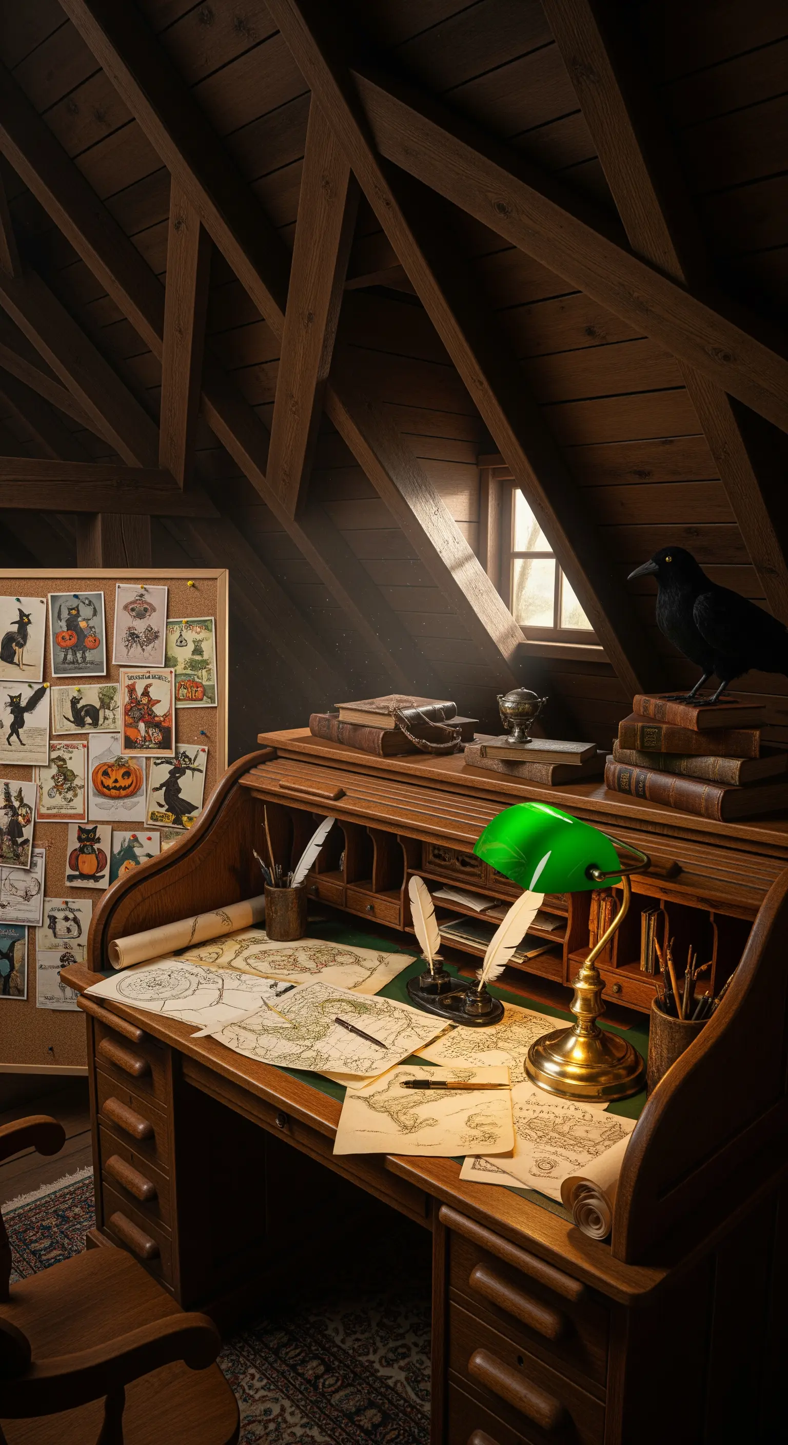 Dachboden-Arbeitszimmer mit Rollsekretär, Karten, Büchern, Bankerlampe und Rabe.
