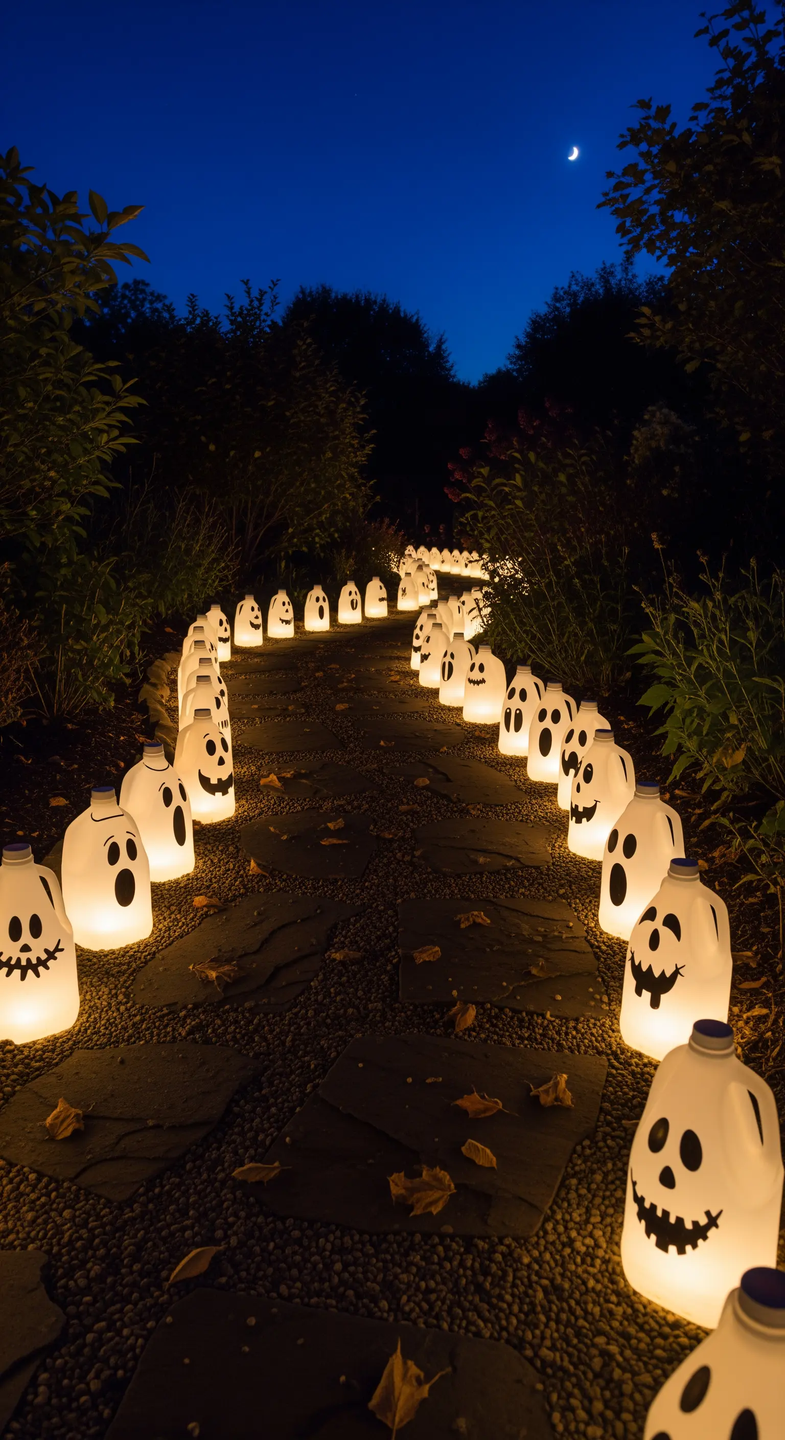 Outdoor Halloween Deko mit leuchtenden Geister-Laternen aus Milchkanistern.