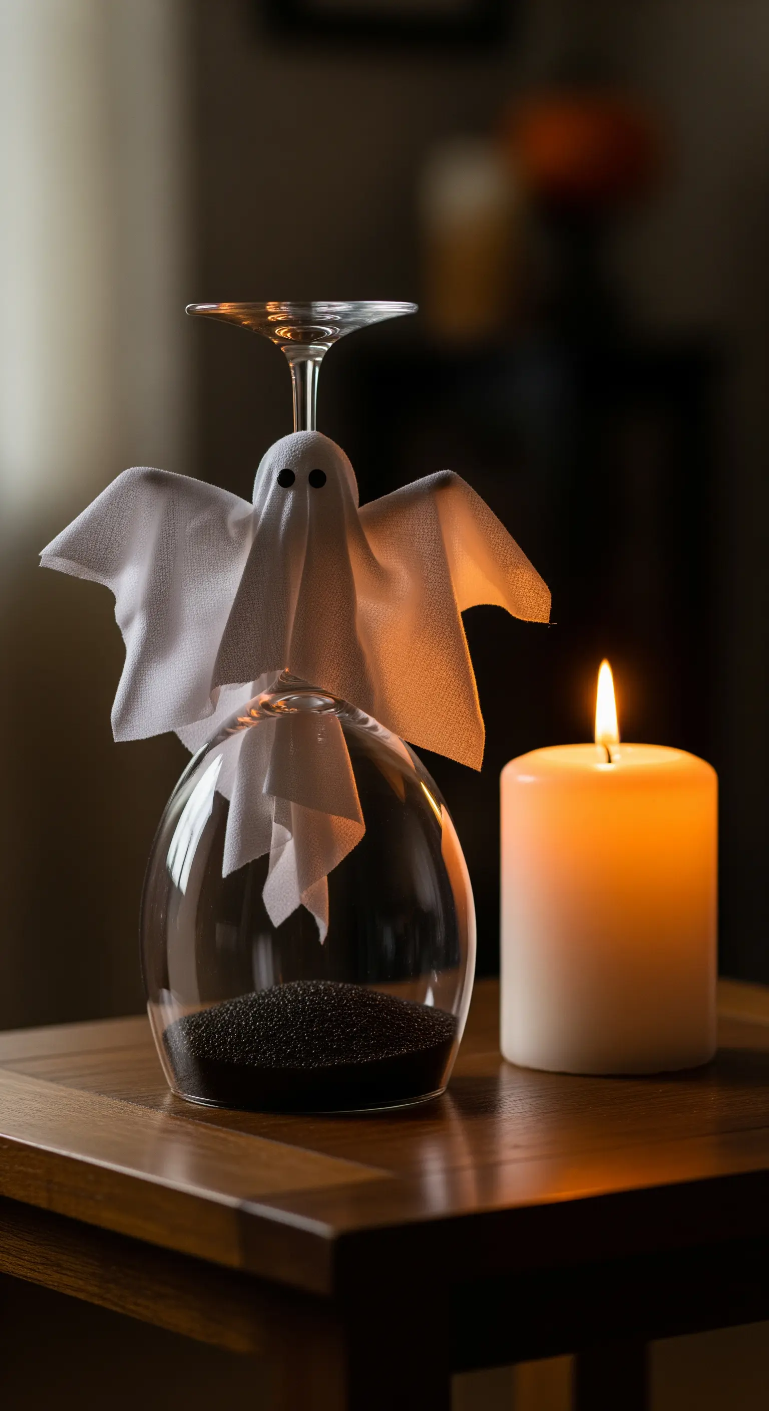 Weinglas-Geist Deko mit Sanduhr und Kerze auf einem Beistelltisch.