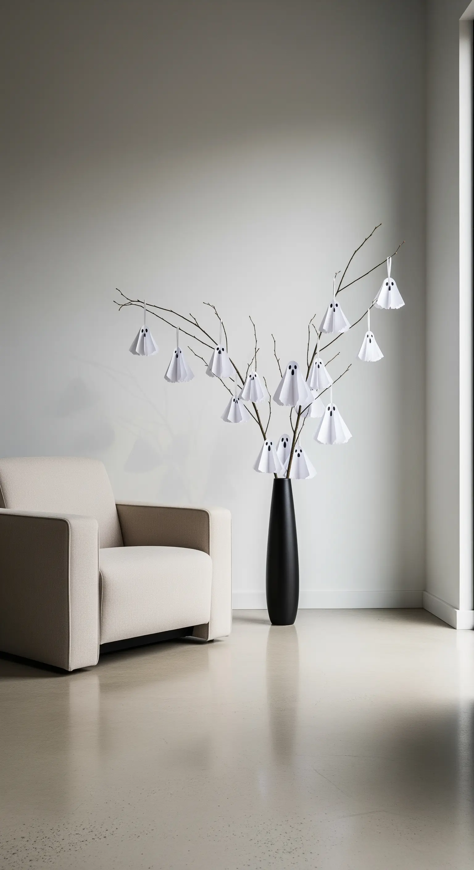 Bodenvase mit Ästen und hängenden Papiergeistern in minimalistischem Raum.