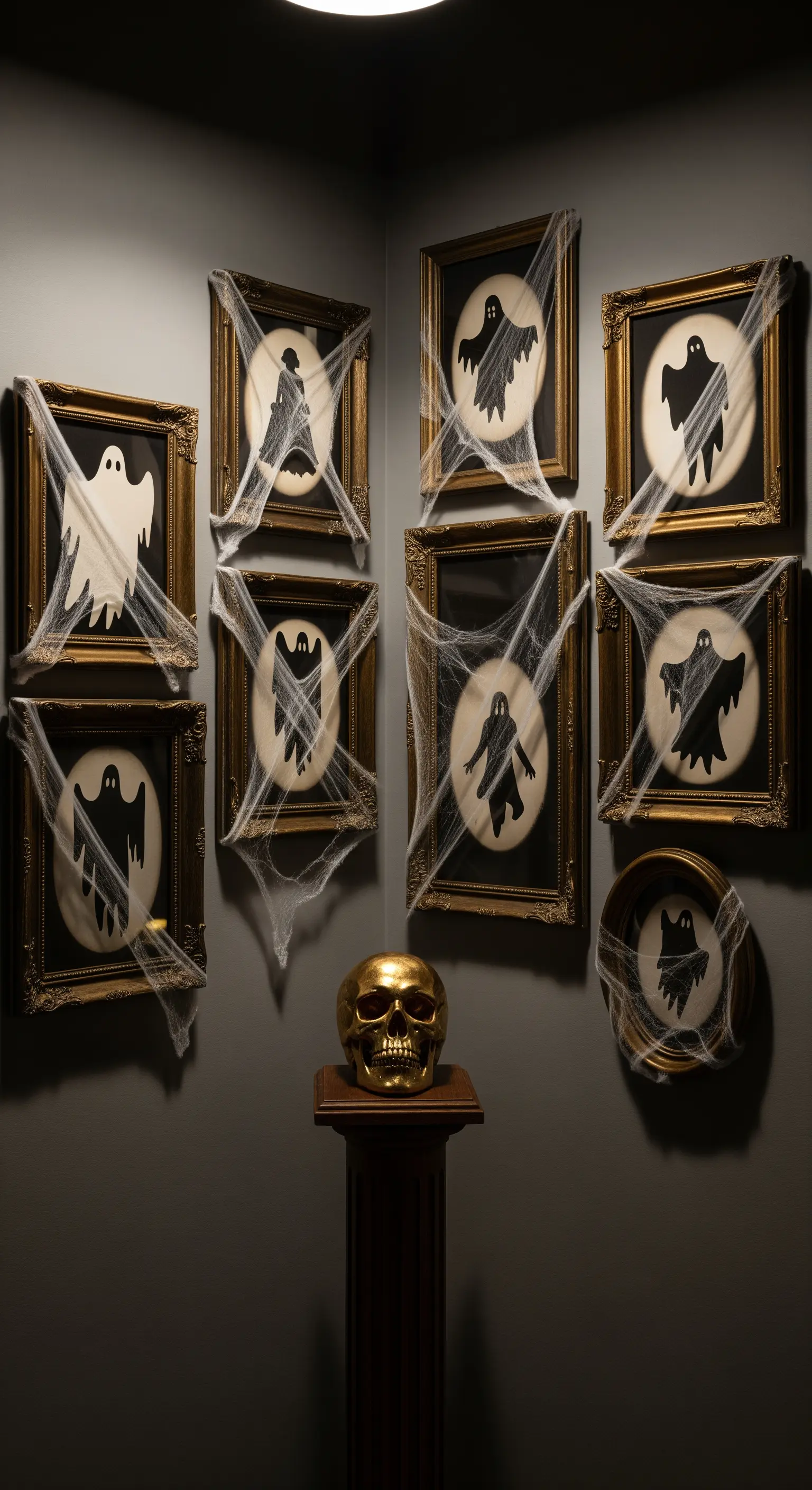 Halloween-Wandgalerie mit Geisterbildern in goldenen Rahmen und Spinnennetzen.