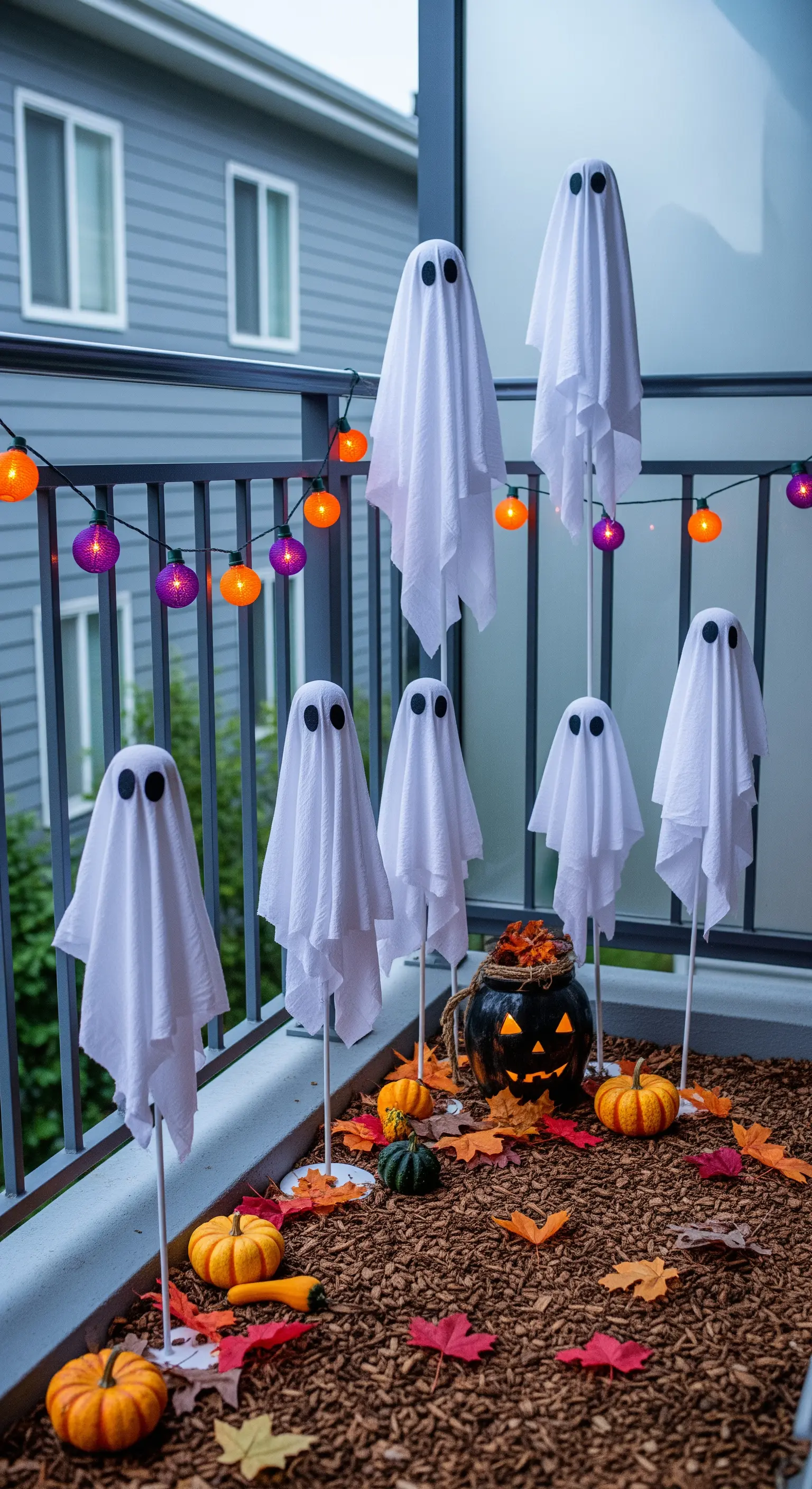 Balkon mit einer Reihe von Stoffgeistern in Rindenmulch, umgeben von Kürbissen und farbiger Lichterkette.