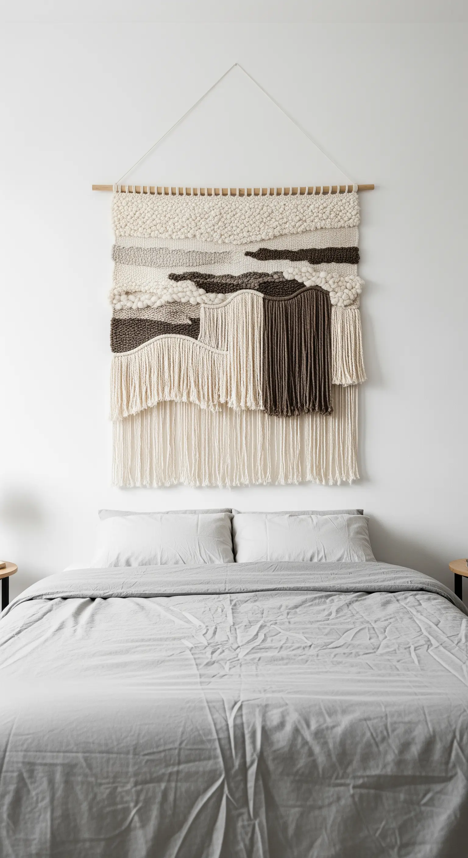 Großer Makramee-Wandbehang in neutralen Farben über einem Bett mit grauer Bettwäsche.