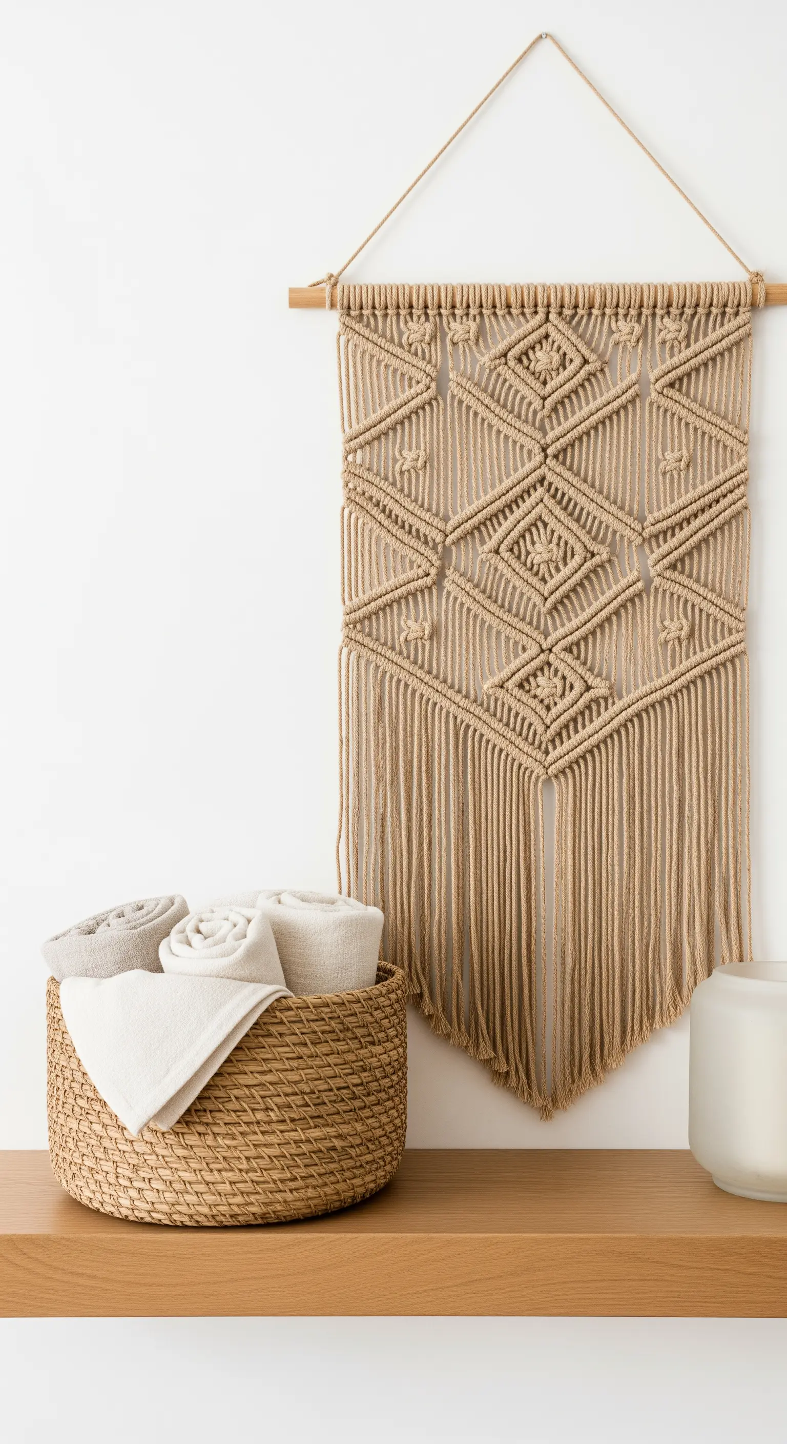 Kaminumrandung-Deko mit einem großen Makramee-Wandbehang und einem Korb.
